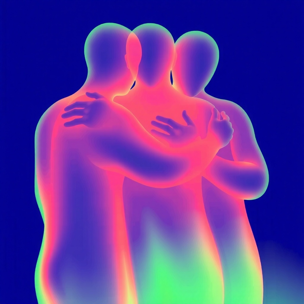 mili,This image is a digital abstract art piece depicting three semi-transparent, glowing human figures intertwined against a deep blue background. These figures are presented in neon colors such as green, orange, and pink, creating a sense of warmth and intimacy. The figures have soft, flowing contours with smooth curves, evoking a dreamlike and ethereal atmosphere. The neon hues blend seamlessly, highlighting the gentle connection between them. The style is modern and ethereal, focusing on light and color to convey emotions.