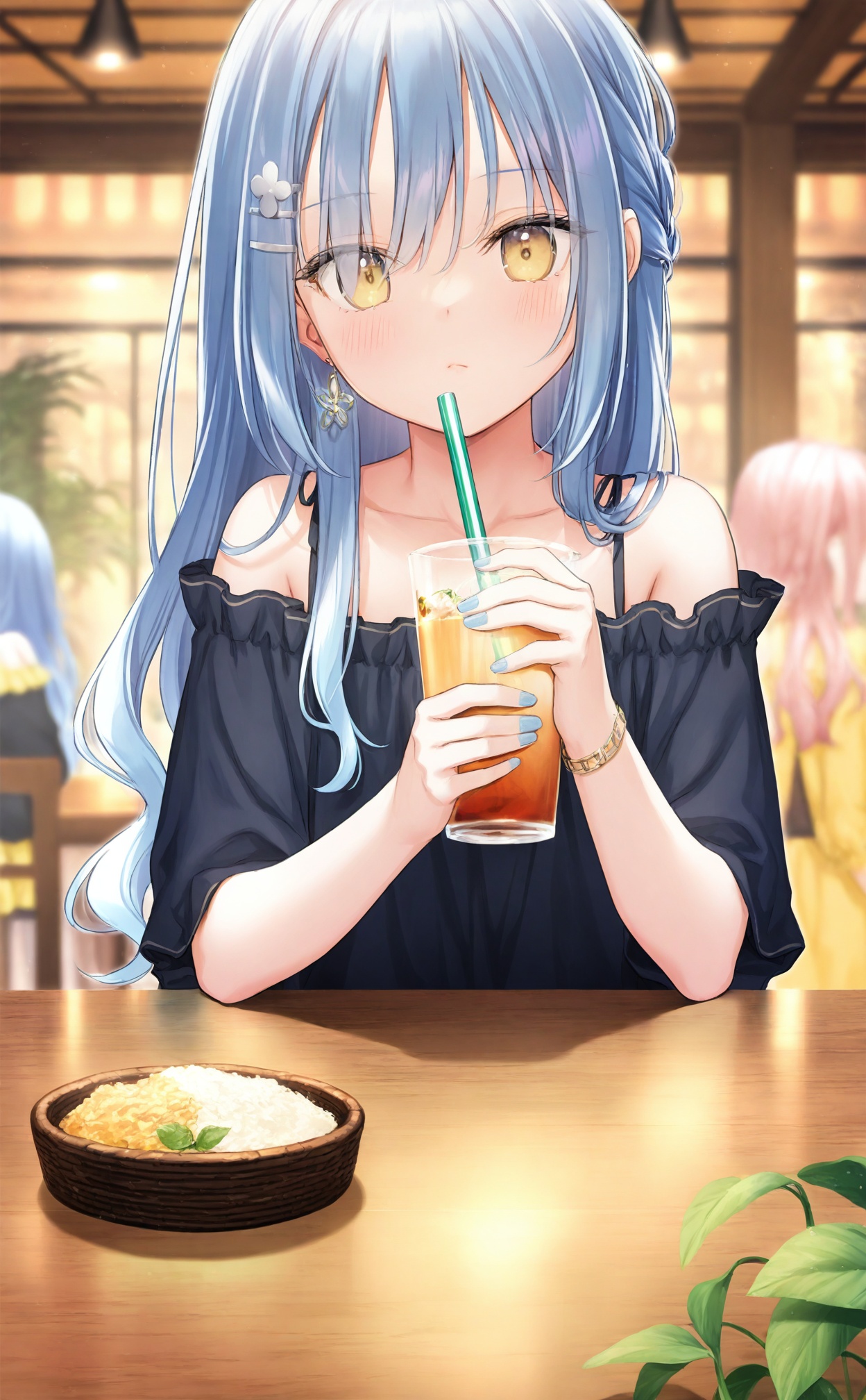 masterpiece,best quality,high quality,loli,hair ornament,cafe,shirt,sitting,long hair,blue nails,drinking straw,closed mouth,yellow eyes,off-shoulder shirt,solo focus,multiple girls,jewelry,holding,indoors,eyelashes,blue hair,collarbone,nail polish,cup,earrings,hairclip,casual,off shoulder,blurry,hair between eyes,straight-on,table,braid,blurry background,looking at viewer,bare shoulders,holding cup,eyes visible through hair,gradient hair,black shirt,frilled shirt,restaurant,frills,multicolored hair,3girls,yellow shirt,fingernails,bracelet,chair,very long hair,drinking glass,frown,1boy,short sleeves,drink,food,sidelocks,wavy hair,plant,