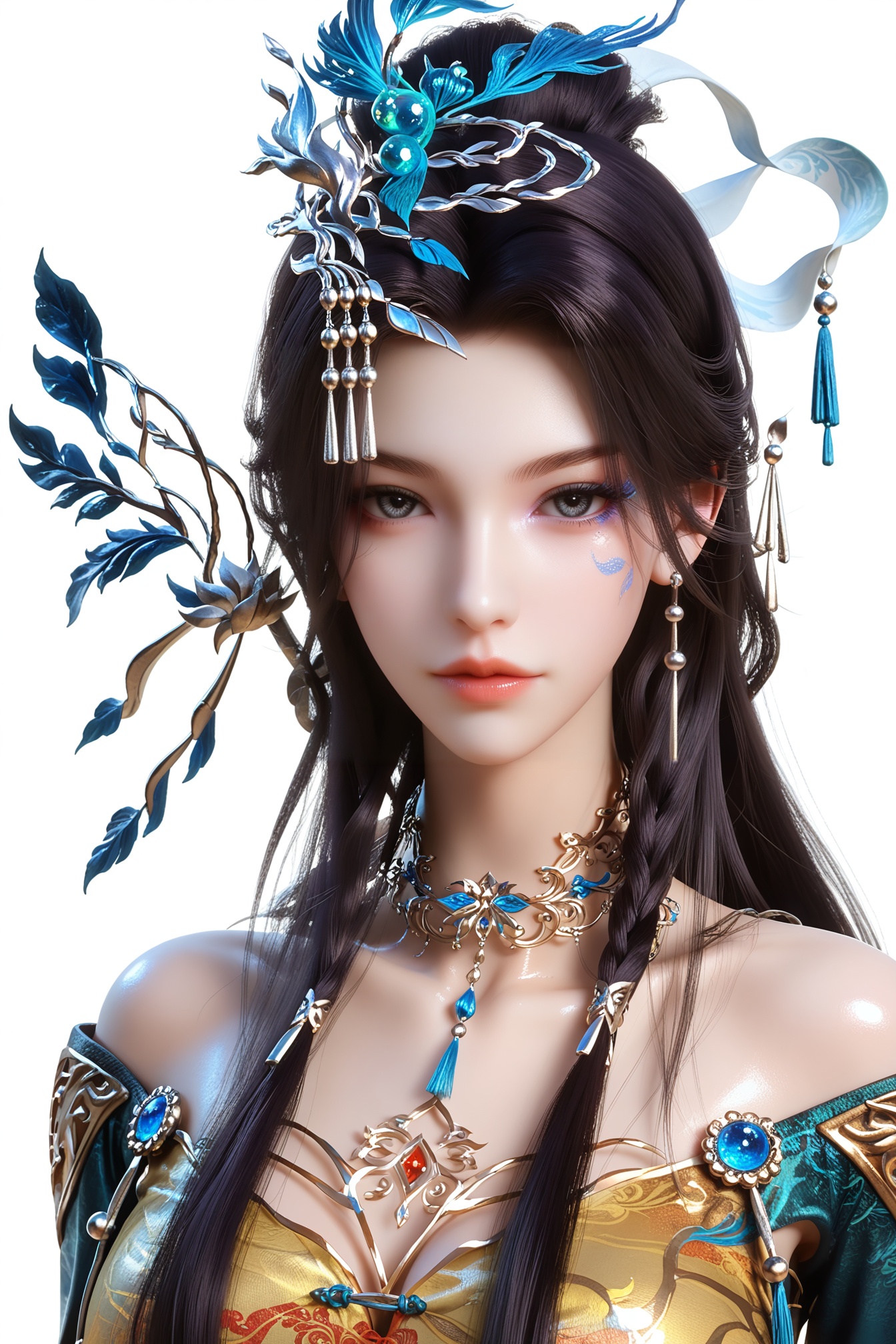 professional 3d model (score_9:1.2),score_8_up,score_7_up,8k,realistic,<lora:云望舒_pony_V1:0.8>,1girl,black hair,long hair,(facial_mark:1.1),big breasts,jewelry,earrings,hair ornament,looking at viewer,chinese clothes,She has long,dark hair adorned with silver and blue ornaments,including tassel-like decorations and a leafy branch. Her large,expressive eyes are accentuated with subtle makeup,and she has a serene expression. The background is a blend of dark blue and purple hues,with a vibrant pink,fluffy texture on the right side. The image has a realistic,almost hyper-realistic style,emphasizing the smooth texture of her skin and the intricate details of her accessories.,(shiny_skin:1.3),<lora:e色温:0.5>,portrait,upper_body,white_background,simple_background, . octane render, highly detailed, volumetric, dramatic lighting