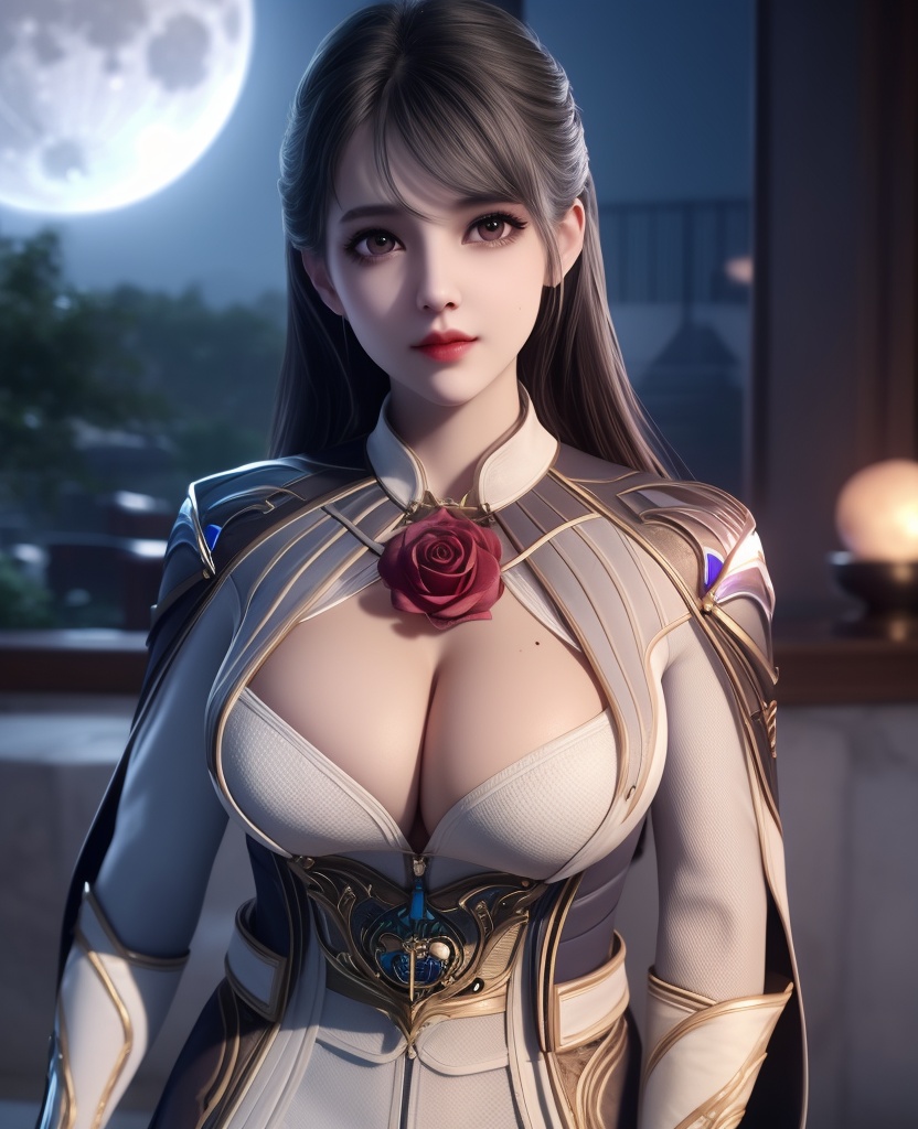 <lora:558-DA-斗罗大陆-王冬:0.8>(,1girl, ,best quality, ),looking at viewer,masterpiece, (( , )),, realistic,science fiction,mole, ultra realistic 8k cg, full moon,  rose,(cleavage), (),