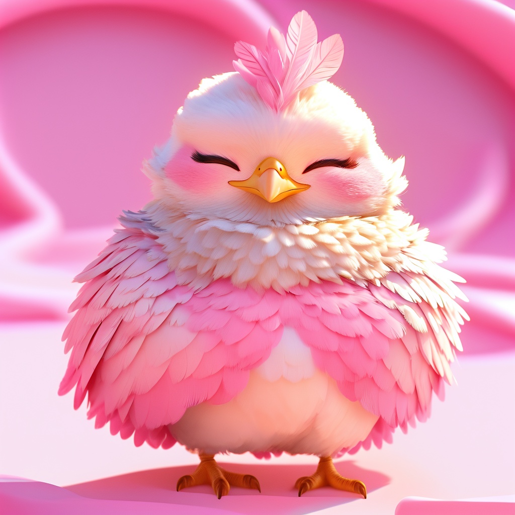 youji, chicken, fluffy, sunlight, light particles, ^ ^, whiskers, cute, cc-color-correction, mf-movie-filter, warm colors, whimsy and dramatic lighting, white fur, soft lighting, chicken focus, no humans, closed eyes, pokemon \(creature\), bird, full body, standing, blurry, blush stickers, crossed arms, pink theme, blush, talons, pink background, beak, facing viewer, feathers<lora:youji_v1:0.8>,