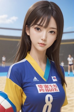 1 girl,solo,korean_text,clear skin texture,colorful,masterpiece,best quality,absurdres,medium breasts,full_shot,volleyball_uniform,