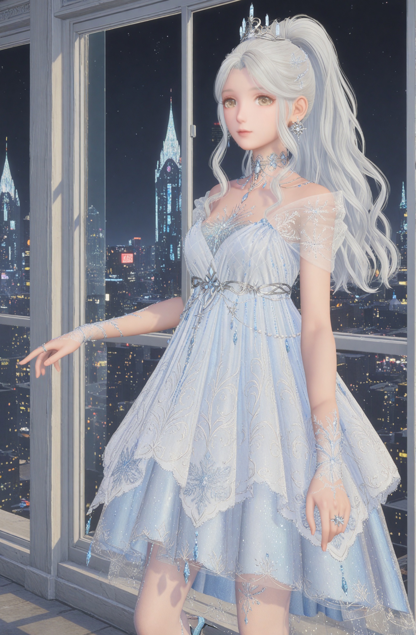 (upper_body:1.1),(vision:1.1),looking_at_viewer,indoors,night,a dim environment,cyberpunk background,ceiling window,in tall buildings,<lora:YQ_li光辉v5_nuannuan10_V5:0.8>,1girl,q1528437228,solo,jewelry,dress,long hair,earrings,ponytail,white hair,blue dress,grey hair,tiara,necklace,hair ornament,choker,brown eyes,see-through,white dress,blue footwear,high heels,bare shoulders,pantyhose,gem,ring,legs,anklet,breasts,yellow eyes,short sleeves,sidelocks,skirt,lace,lips,strappy heels,wavy hair,shoes,crown,gradient dress,snowflake print,