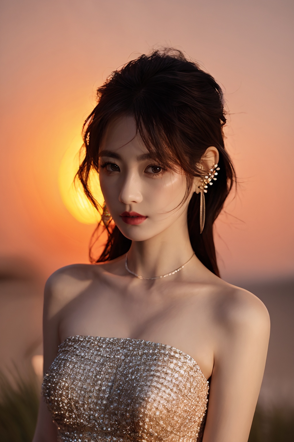 1girl,jewelry,solo,(earrings:1.2),necklace,realistic,long hair,black hair,:d,looking at viewer,brown hair,brown eyes,lips,dress,sunset,polylights,portrait,mole,