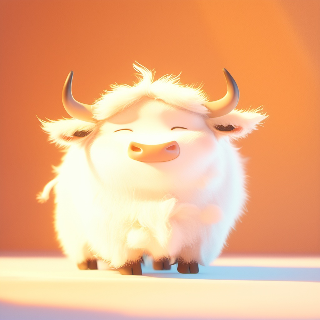 chouniu,cow,soft lighting,^ ^,cc-color-correction,whimsy and dramatic lighting,white fur,warm colors,mf-movie-filter,cute,no humans,solo,closed eyes,fluffy,full body,cow focus,horns,cow tail,standing,orange background,facing viewer,closed mouth,tail,cow horns,simple background,<lora:chouniu_xl_v2:1>,