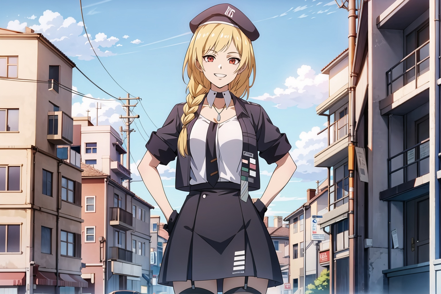 masterpiece,best quality,(outdoors),cowboy shot,1girl, beret, blonde hair, braid, long hair,single braid,red eyes, solo, necklace, necktie,black jacket,(black tie),black skirt,open clothes,((huge breasts)),short sleeves,black gloves,(smile),grin,looking at viewer,standing,hands on hips,black_thighhighs,garter straps garter belt,<lora:sailika:0.7>, <lora:add_detail:0.5>, 