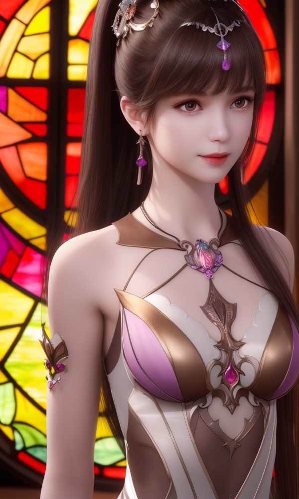 (,1girl, ,best quality, )<lora:358-DA-斗罗大陆-小舞V2-成年:0.7>,,ultra detailed background,ultra detailed background,ultra realistic 8k cg,,, (close-up portrait),(upper body:1.22),(realistic:1.11),(Photo-referencing),HDR,Studio Lighting,Soft Lighting, ,, a slender petite little girl,Delicate muscle lines,(Skinny body),(solo:1.5),( looking at viewer:1.22),The white shiny skin, (smirk:1.2),(dynamic pose),(arms behind back),arms at sides, (very long payot),(Absurdly long Brown straight hair:1.22),parted bangs, (floating hair), (jewelry:1.17), necklace, earrings,(colorful:1.27),(stained glass background),(),(()),,