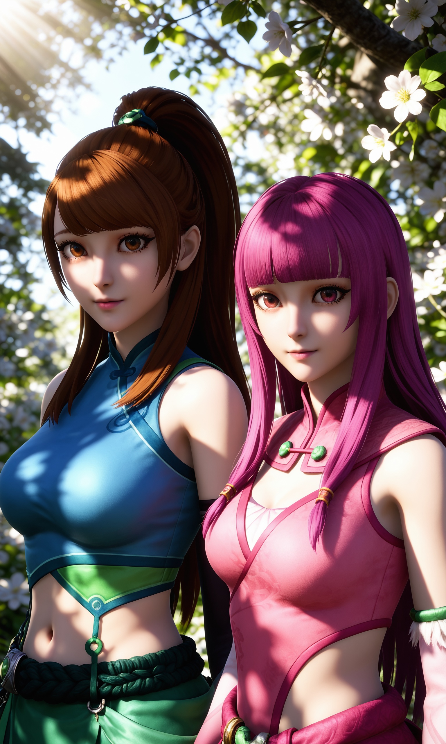 <lora:妖神记-叶紫芸+肖凝儿Pony:0.7>,2girls,brown hair,ponytail,brown eyes,hair ornament,bare shoulders,midriff,navel,green boots,long hair,brown eyes,breasts,green skirt,blue crop top,long hair,pink hair,blunt bangs,bangs,pink eyes,pink dress,pink boots,detached sleeves,upper body,dappled sunlight,flower,looking at viewer,sunlight,upper body,