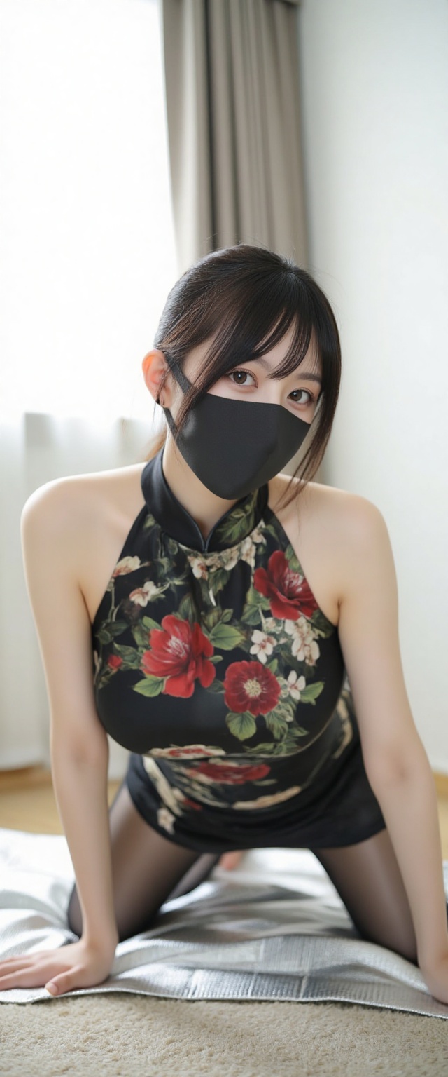 big breasts,oil bodystocking,Halooo,(wearing black_bodystocking:1.3),1 gril,A young girl wearing a sexy cheongsam,in a push-up pose,hands on the ground,body straight,in an indoor setting,bright and soft light,absurdres,ultra-high definition,mid-shot,focused on the figure.,mid_shot,solo_focus,