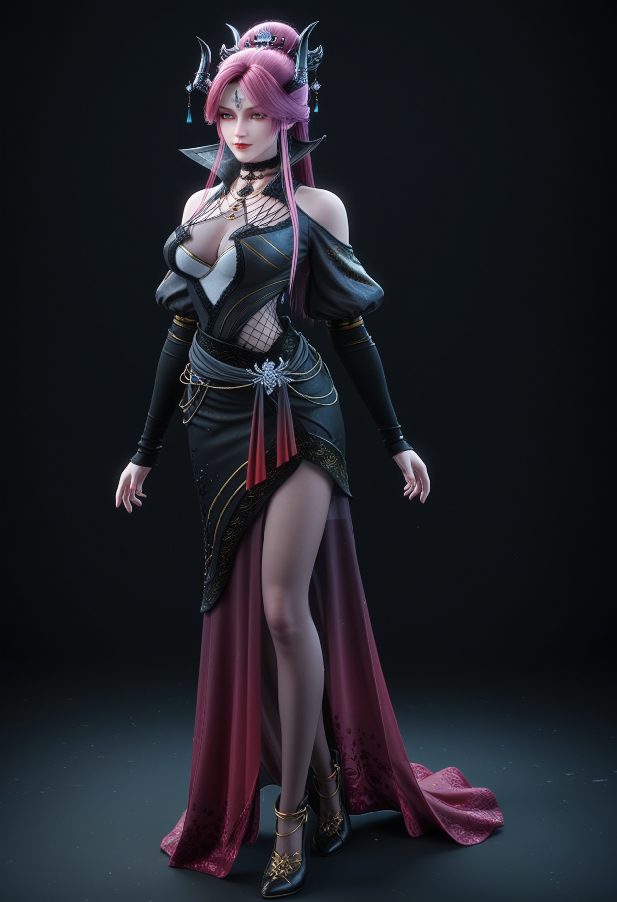 (standing full_body:1.1),score_9,score_8_up,masterpiece,(best quality),intricate details,1girl,facing viewer,(looking at viewer:1.1),<lora:YQ_pony_manluo_V4:0.9:lbw=1,1,1,1,1,1,1,1,1,0.8,0.8,0.1>,q1528437228,1girl,solo,long hair,pink hair,jewelry,horns,hair ornament,earrings,choker,dress,makeup,necklace,red lips,red hair,purple hair,black dress,forehead mark,black high heels,yellow eyes,high collar,black choker,brown eyes,pantyhose,hair bun,black pantyhose,hair over one eye,long sleeves,puffy sleeves,eyeshadow,BREAKscore_9,score_8_up,masterpiece,(best quality),perfect anatomy,(hourglass),perfect face,(simple background,pure black background,black background:1.1),fair_skin,shiny_skin,Ivory_skin,