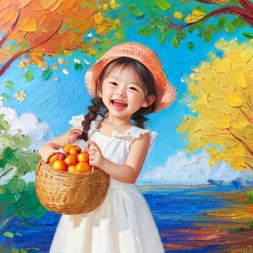 <lora:sfch-000006:0.8>,4k,Autumn,first frost solar term,persimmon tree,covered with persimmons,persimmons with frost,a little girl holding a basket to pick persimmons,she wore two braided hair,wearing a headscarf,wearing a long skirt,wearing a red scar,eyes big,red face,laughing eyes on covered is young on,narrowed into a sea am,the picture warm tone,warm,beautiful background colorful background forest background,simple detail tuyafengge Disney Little Man 001KIDS ILLUSTRATION MBE_style bichu,oil painting,Impressionism mjtyhz,