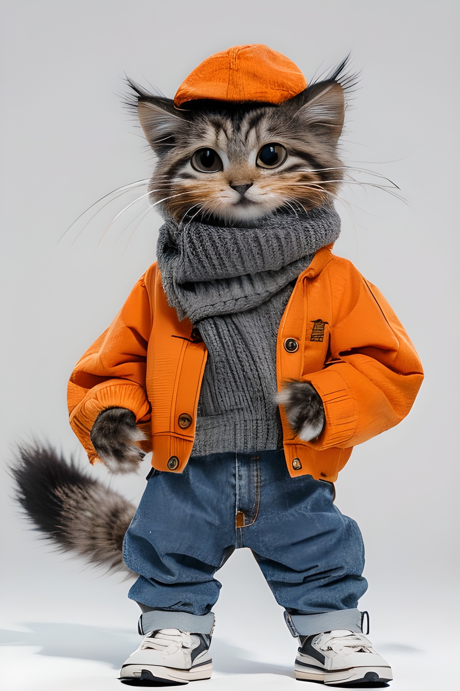 masterpiece,best quality,solo,looking at viewer,simple background,white background,long sleeves,standing,hat,jacket,full body,tail,open clothes,shoes,pants,grey background,scarf,animal,open jacket,denim,blue pants,pocket,animal focus,brown jacket,jeans,hands in pockets,no humans,grey footwear,orange jacket,grey scarf,Pallas's cat, <lora:3D人物角色拟人动物自媒体神器_v1.0:0.8>
