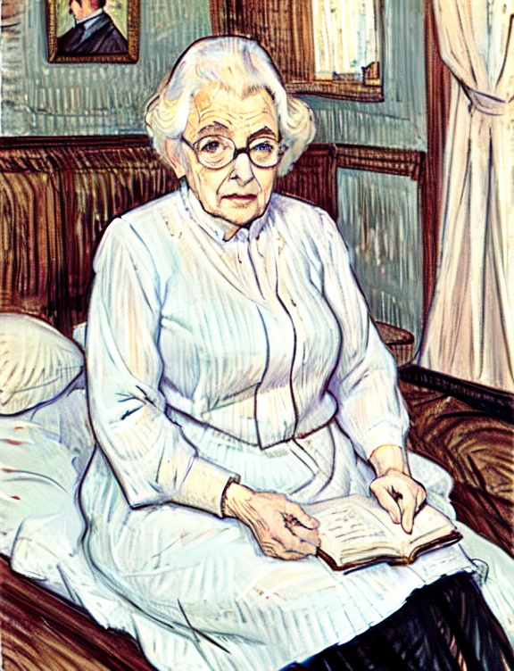 masterpiece, best quality, old woman read book,glasses,indoors,sitting on bed, lautrec,<lora:Lautrec styleV1:0.7>