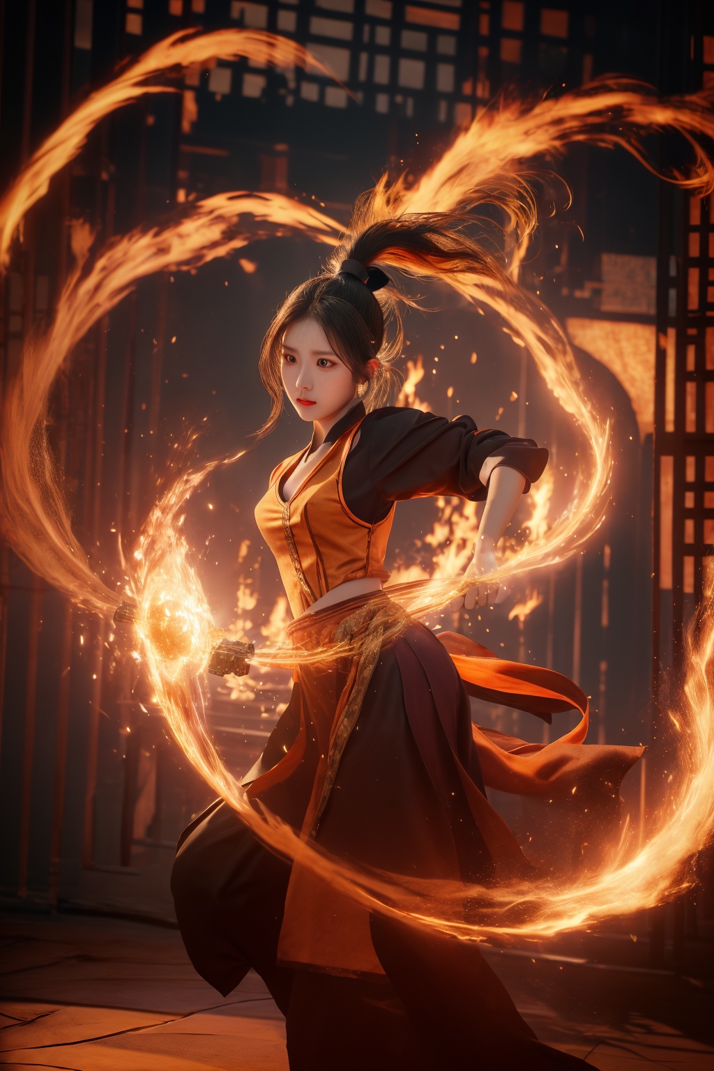 orang-aura,using orang-magic,orang-magic,ancient-costume,dancing,solo,1girl,fire,long hair,ponytail,<lora:magic_fighting_512_15:0.8>,