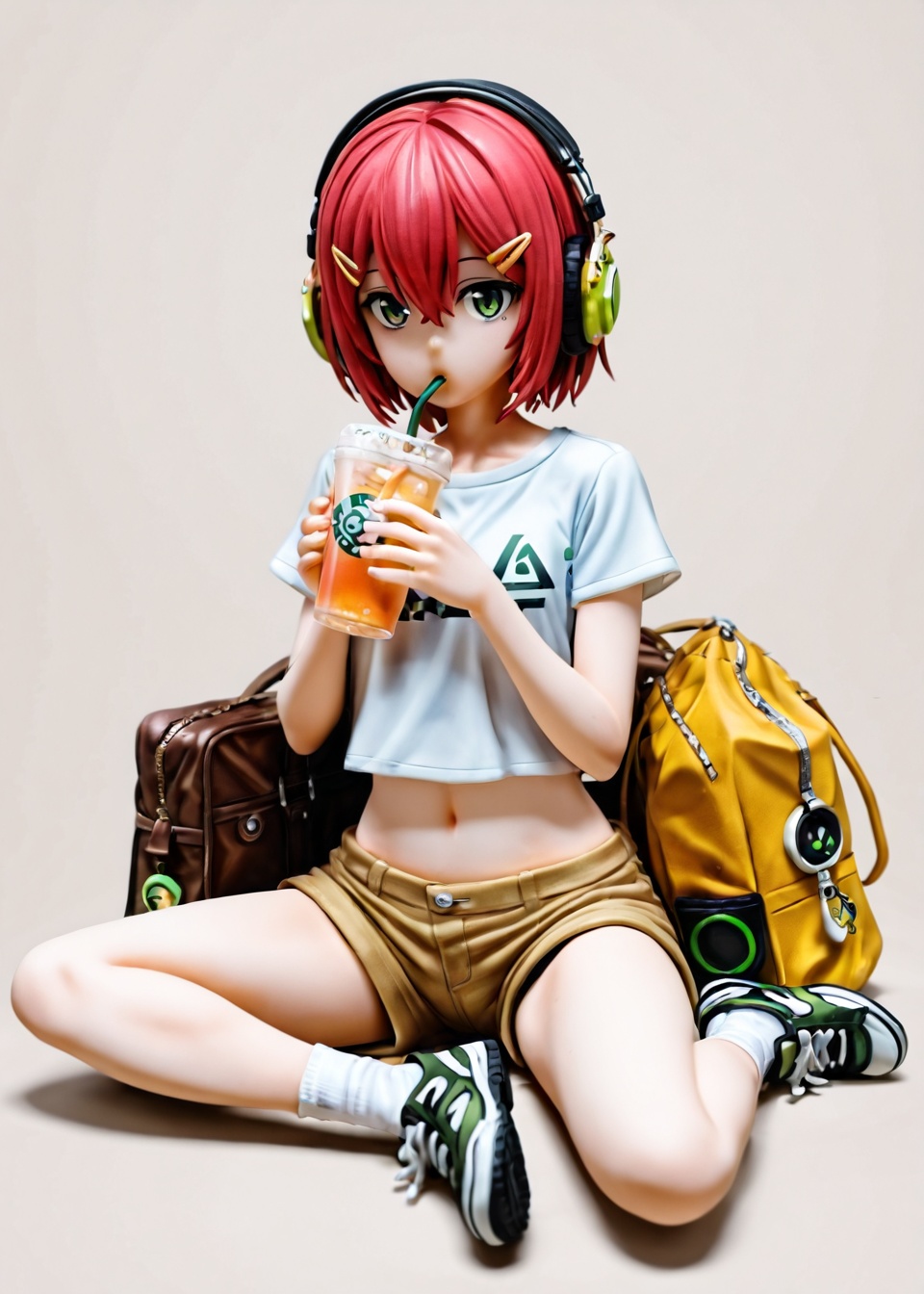 1girl, solo, red hair, drinking straw, shorts, socks, green eyes, shoes, sitting, short hair, bag, shirt, navel, looking at viewer, headphones, cup, hair between eyes, short sleeves, food, simple background, hairclip, drinking, hair ornament, holding, midriff, drinking straw in mouth, drink