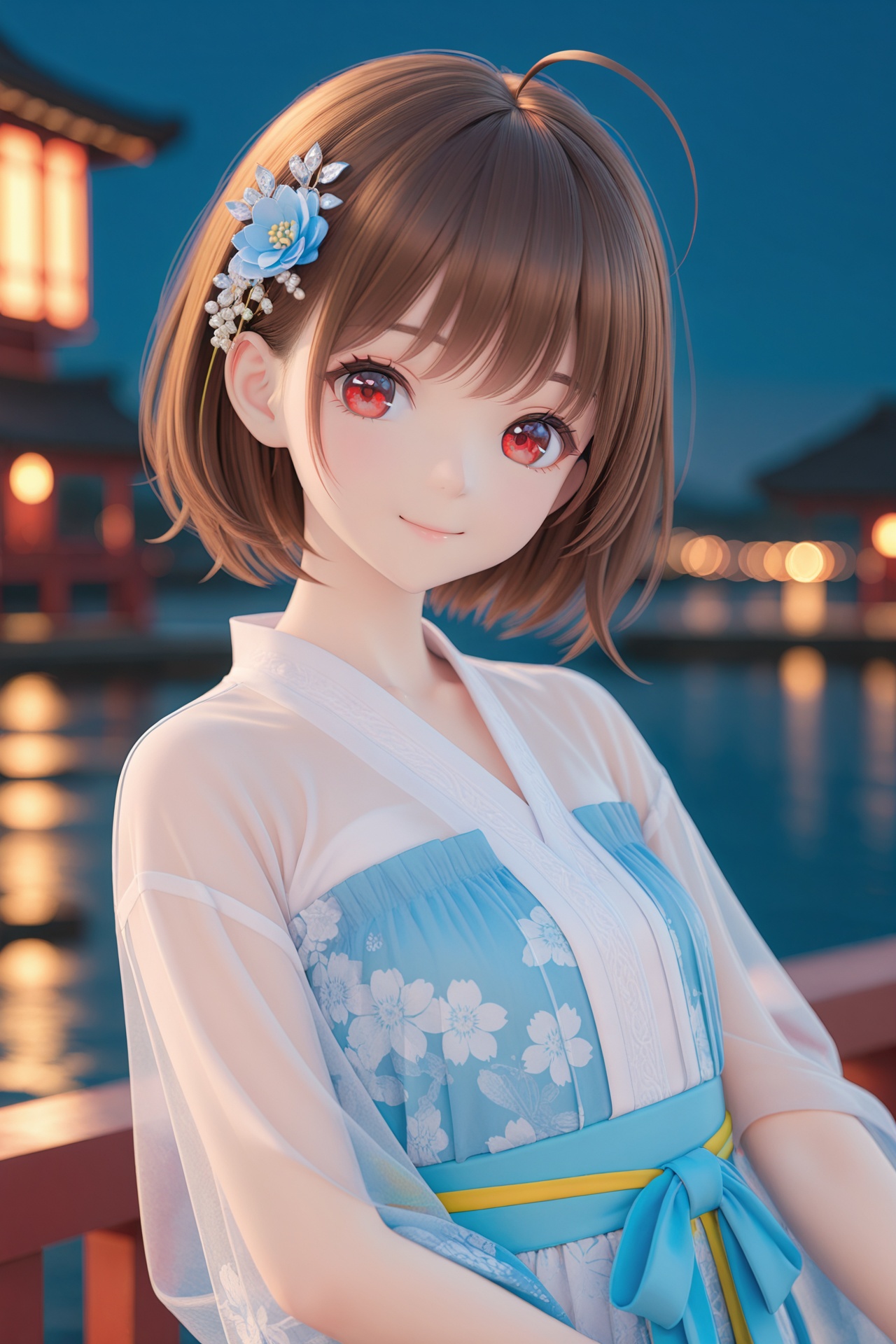 (masterpiece),(best quality),illustration,ultra detailed,hdr,Depth of field,(colorful),mmd,night,1girl,solo,red eyes,looking at viewer,hair ornament,short hair,upper body,brown hair,blurry,ahoge,bangs,see-through,depth of field,hanfu,smile,floral print,closed mouth,