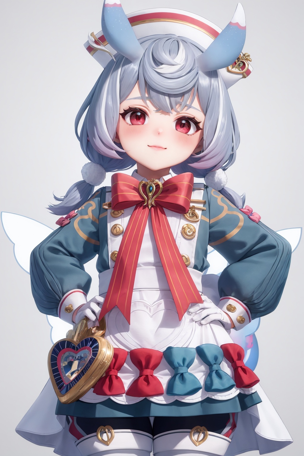 masterpiece, best quality, <lora:sigewinne-v2:1>,sigewinne (genshin impact),1girl,animal ears,hat,blue hair,multicolored hair,two side up,red eyes,bow,bowtie,blue dress,white apron,wings,long sleeves,white gloves,shorts,white pantyhose, cowboy shot, (grey background:1.2), light smile,hands on hip, blush,