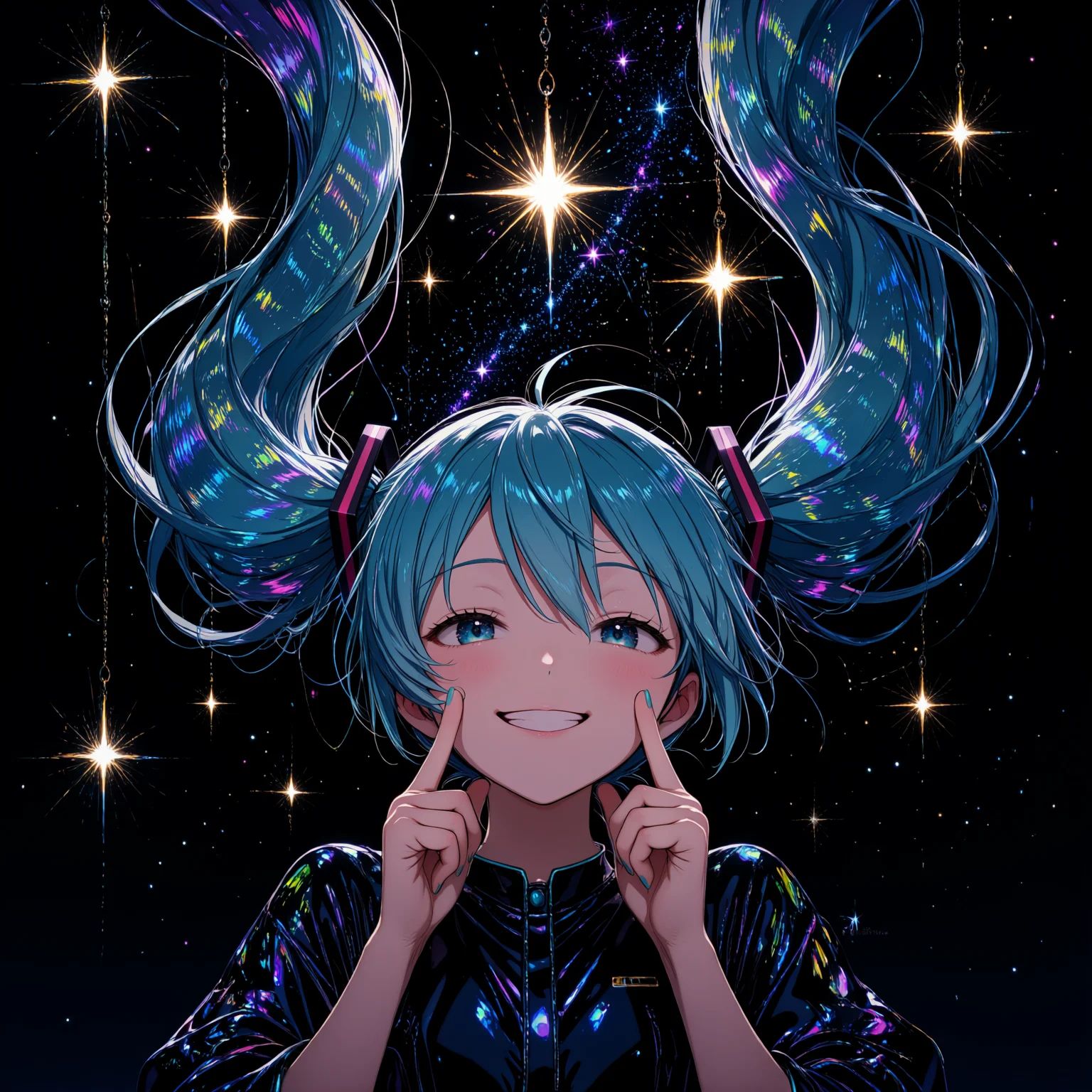 Numerous iridescent lights are sparkling against a black background.1girl,  hatsune miku,  floating hair on Tensor.Art
