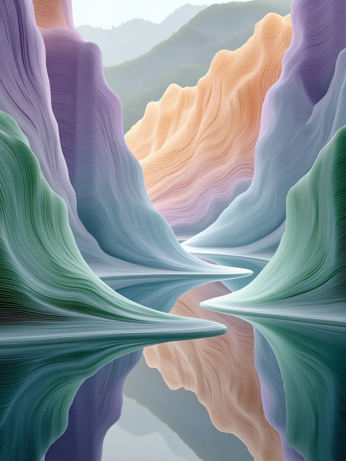 <lora:5a1824:1>,This is a digital illustration depicting a surreal,ethereal landscape. The scene features a narrow,winding canyon with smooth,undulating walls that resemble the folds of fabric. The canyon walls are painted in a pastel color palette of lavender,pink,peach,and mint green,creating a dreamlike,otherworldly atmosphere. The canyon floor is a mirror image of the walls,reflecting the vivid colors and creating a symmetrical composition. The sky above is a gradient of blue hues,fading into a misty,hazy horizon,which adds depth to the scene. The overall effect is one of tranquility and serenity,with the smooth,flowing textures of the canyon walls and the calm,reflective water below. The illustration uses a hyperrealistic style with a high level of detail,emphasizing the smooth,flowing lines and the subtle blending of colors. The composition is balanced and harmonious,with the canyon walls and water mirroring each other perfectly,creating a sense of unity and symmetry.,