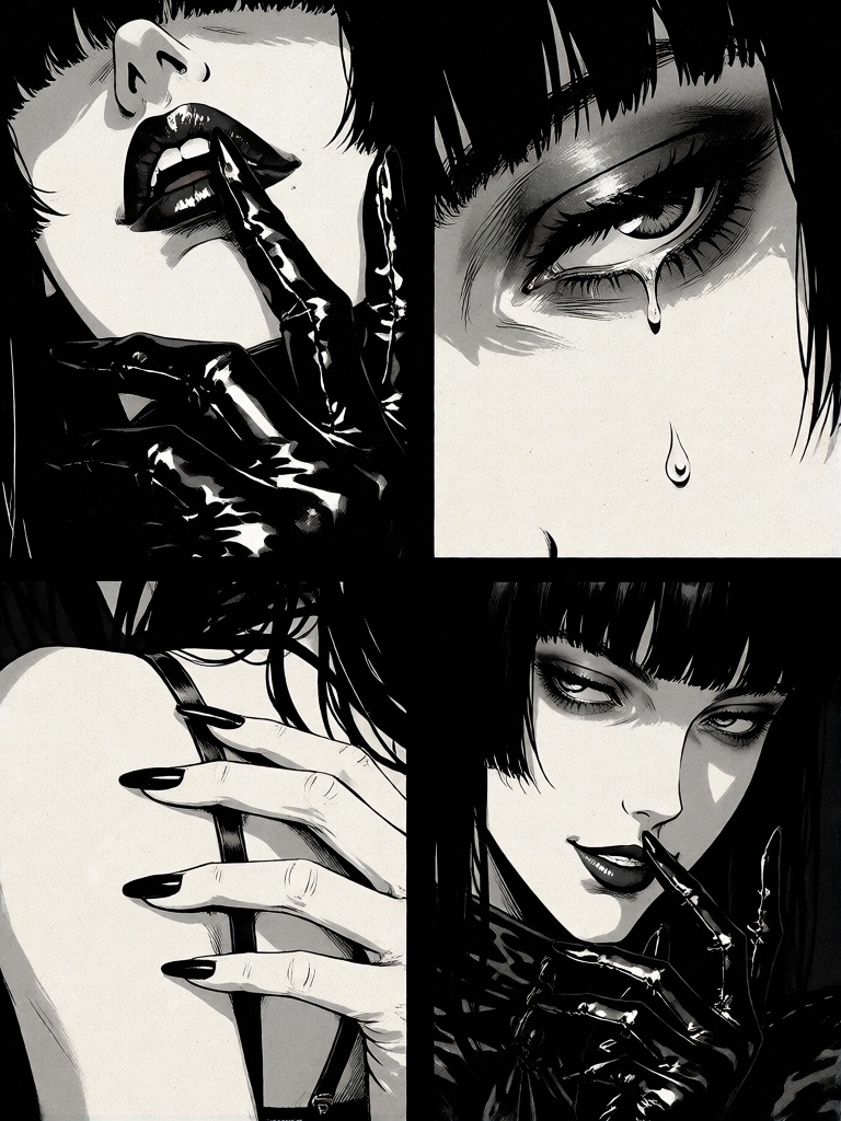a black and white digital drawing in a manga style,  split into four tall panels. Panel one shows her painted black lips b...