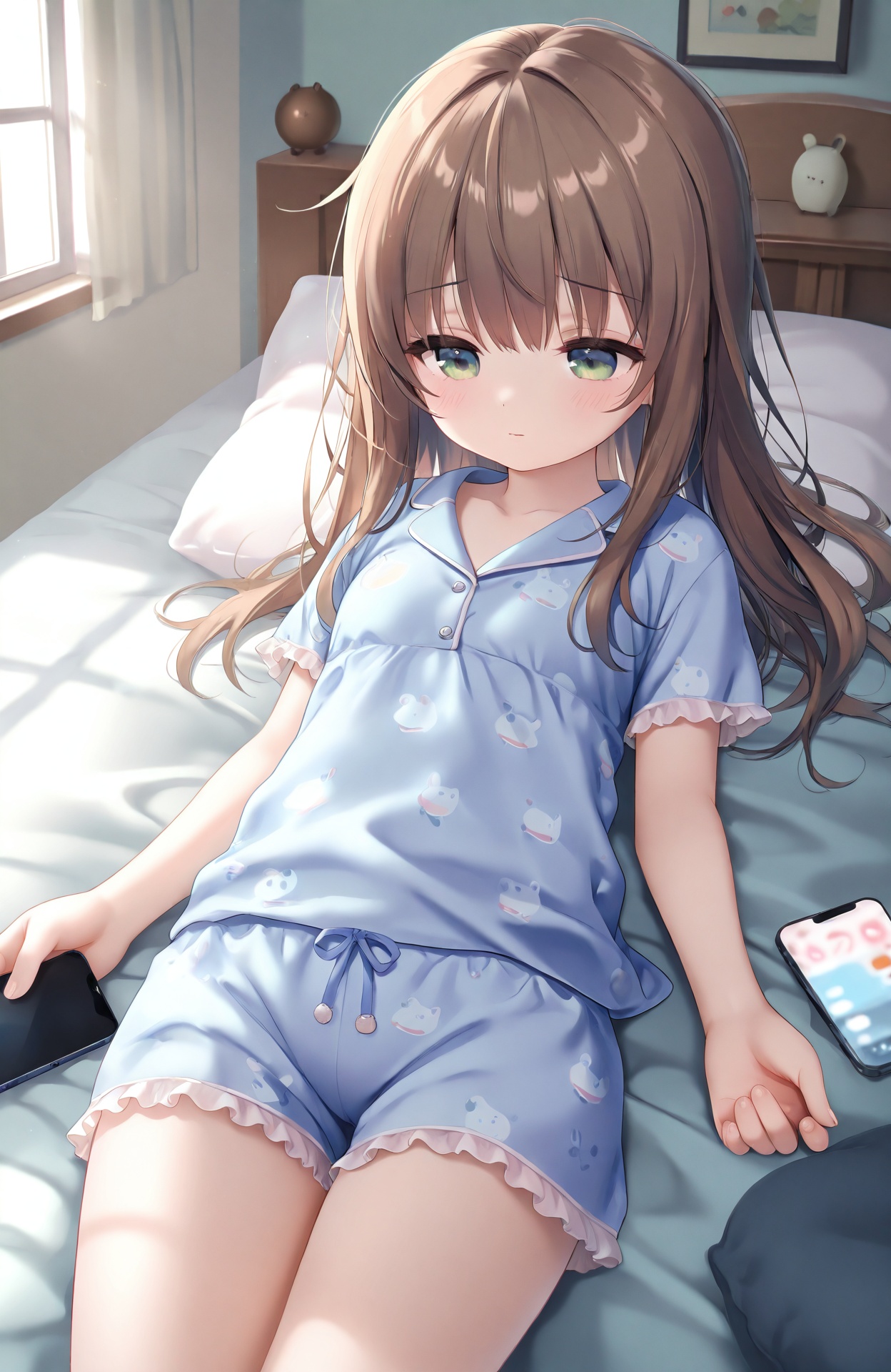 masterpiece,absurdres,best quality,petite,high quality,chromatic_aberration,loli,//,1girl,cellphone,solo,pillow,brown hair,phone,bed sheet,shirt,green eyes,smartphone,blue shirt,long hair,pajamas,on bed,indoors,frills,window,short sleeves,sunlight,shorts,bed,