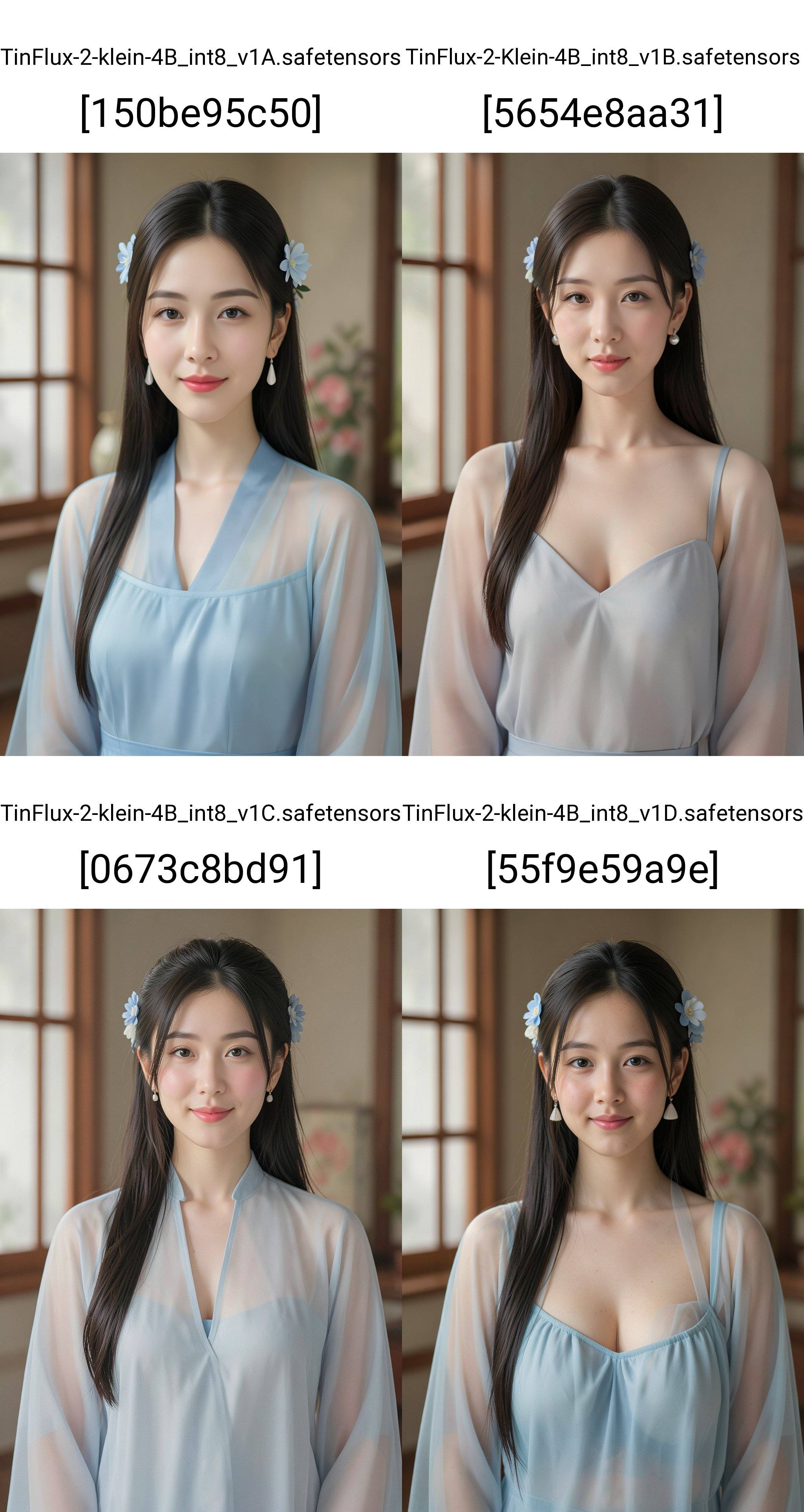 这幅精细的数字艺术作品描绘了一位肤色白皙、五官精致的年轻亚裔女性,  脸带微笑。她留着一头乌黑笔直的长发,  发间点缀着蓝白相间的花朵头饰 on Tensor.Art