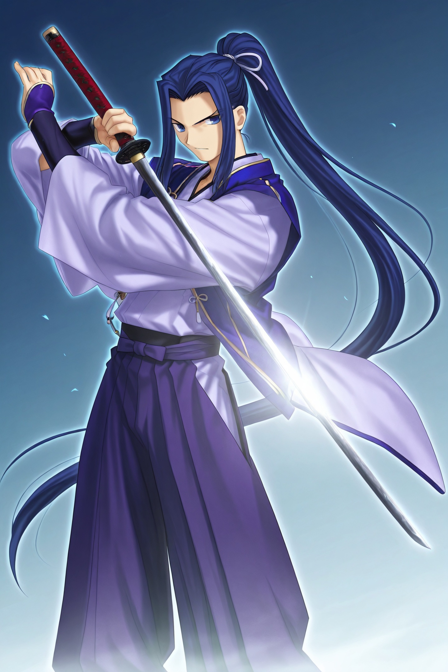 Fate stay night Style,Sasaki Kojiro \(fate\),solo,sword,weapon,ponytail,long hair,blue hair,1boy,male focus,katana,japanese clothes,holding weapon,holding sword,blue eyes,very long hair,long sleeves,holding,<lora:Fate stay night_illustriousXL:1>,