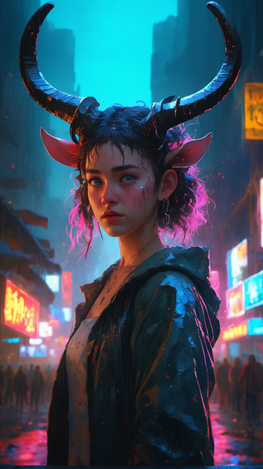 Neon noir 1girl,two horns on the head,look at the audience,photo,8k,intricate,highly detailed,majestic,digital photography,broken glass,(masterpiece, sidelighting, finely detailed beautiful eyes:1.2),hdr,realistic,high definition,<lora:SSDXL_acred_beast_Illustration:0.7>, . Cyberpunk, dark, rainy streets, neon signs, high contrast, low light, vibrant, highly detailed