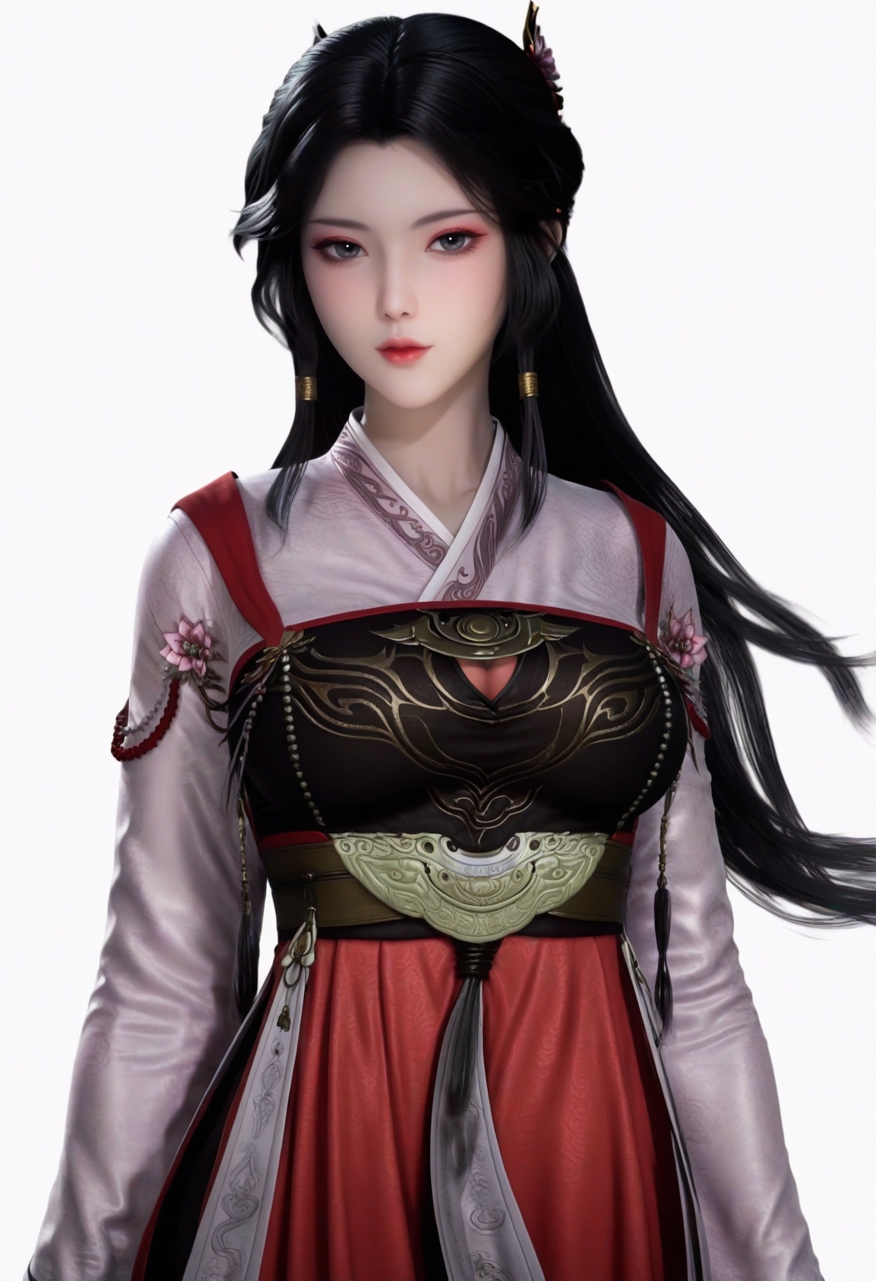 score_9,<lora:SF_LingYuXiu_Pony_Realism2.3-000004:0.7>,hair ornament,black hair,dress,long hair,lips,makeup,1girl,large breasts,hanfu,chinese clothes, solo,looking at viewer,white background,simple background,