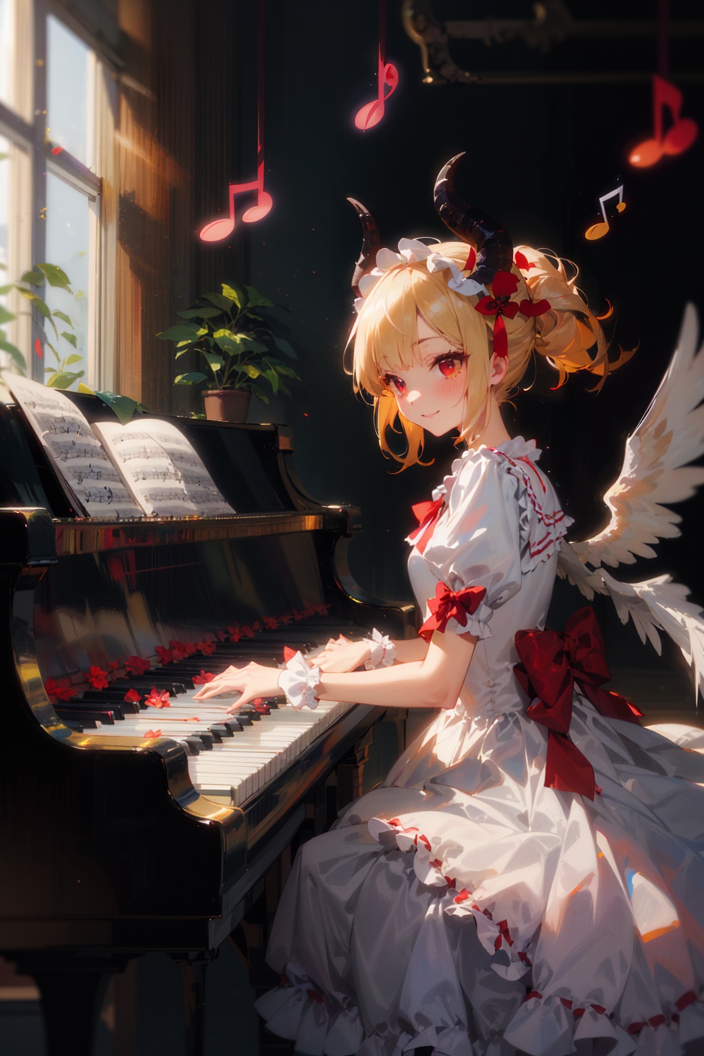 masterpiece,best quality,(ray tracing,cinematic lighting), (outline), (emphasis lines), (detailed 8K wallpaper) (from side), (cowboy shot), (1 girl playing piano:1.2), sitting, (floating musical note around girl:1.4), detailed European piano The girl has (long yellow hair), red eyes, eyes half closed, smile, has(a pair of large black wings), (solo) The girl wearing (white lolita dress with a red bow), hair flower, (ram horns), (eromanga:1.2), (megami:1.2), (lolita fashion:1.2) BREAK (Detailed musical notes:1.2), piano, detailed room, (greenhouse) Blurred background, fog in the distance, (Potted plants background), window