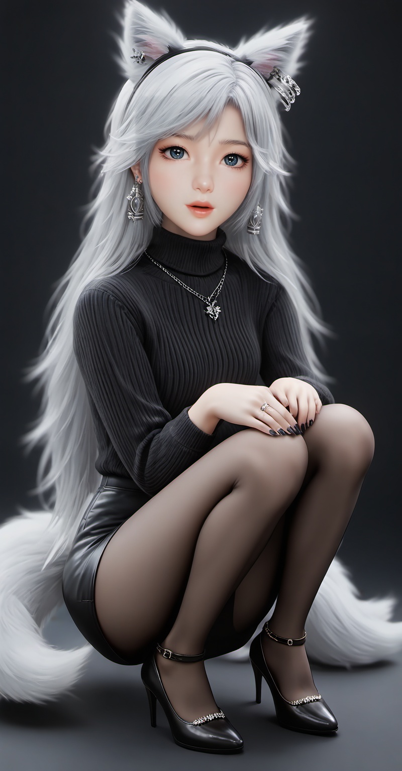 Close-up details,outstanding style,adding a touch of dimension to your images without compromising details,<lora:银月XL:0.8>,yinyue,white hair,fake animal ears,fox_ears,blue eyes,fair_skin,long hair,jewelry,earrings,1girl,solo,pantyhose,high heels,looking at viewer,black footwear,squatting,sweater,quad tails,full body,parted lips,black sweater,earrings,signature,black nails,long sleeves,parted bangs,jewelry,pencil skirt,skirt,bangs,turtleneck,nail polish,black pantyhose,dress,(Black background:1.2),simple background,whirls of vapor,iridescent textures,(Anime:1.1),soft neon light,ethereal ambiance,delicate details,magical atmosphere,concept art,highly detailed,ultra-high resolution,32K UHD,sharp focus,best-quality,masterpiece,golden hour,unconventional supreme masterpiece,masterful details,temperate atmosphere,in the style of fashion photography,cover,Dynamic Angle,with a high-end texture,Dynamic posture,