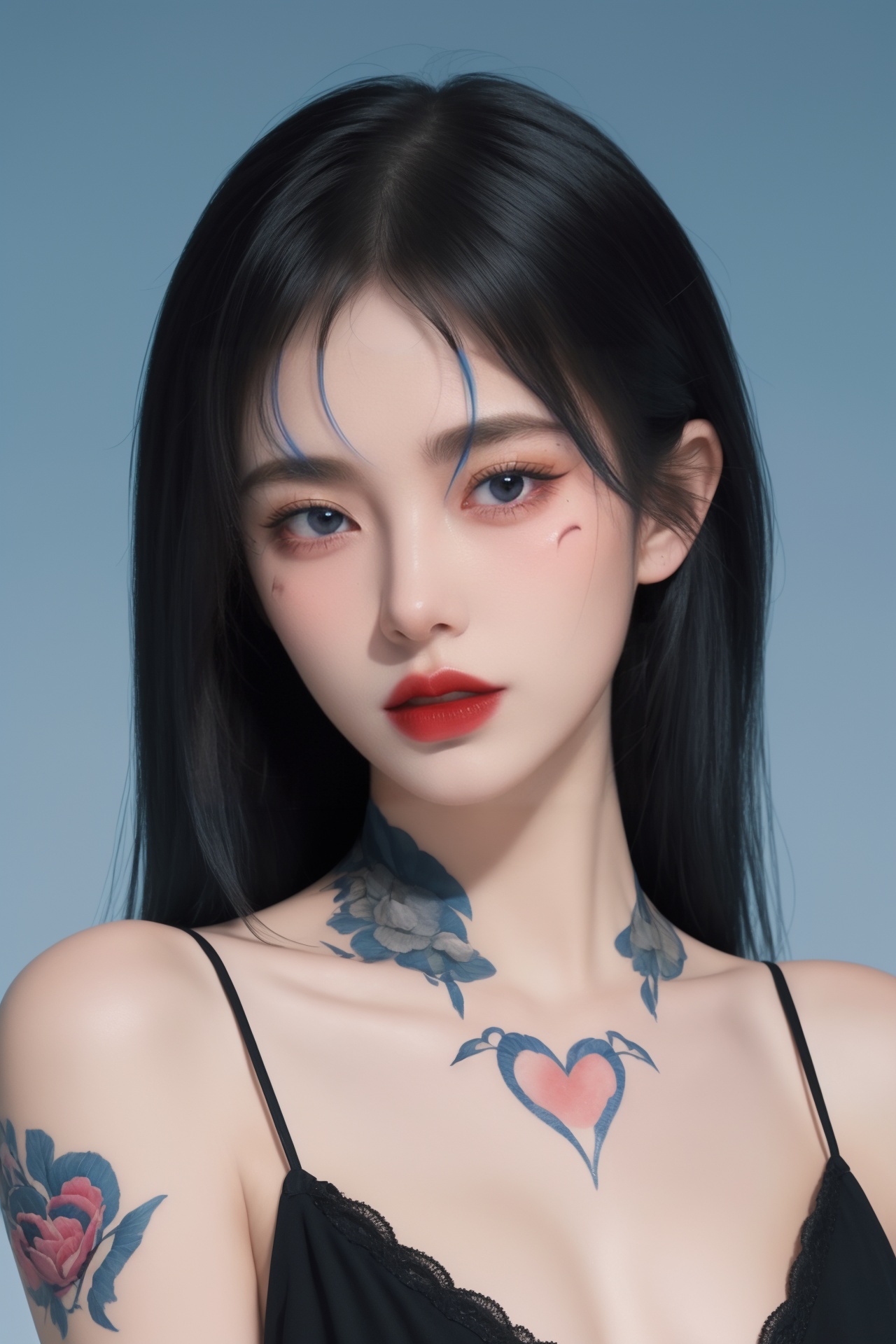 1girl, arm tattoo, bangs, bare shoulders, blue background, blue eyes, blue hair, body writing, breasts, facepaint, facial mark, facial tattoo, gradient, gradient background, hair ornament, heart tattoo, lips, lipstick, long hair, makeup, medium breasts, number tattoo, parted lips, red lips, shoulder tattoo, sleeveless, solo, tattoo, upper body ,huge breast<lora:绘画美女1.0:0.8>