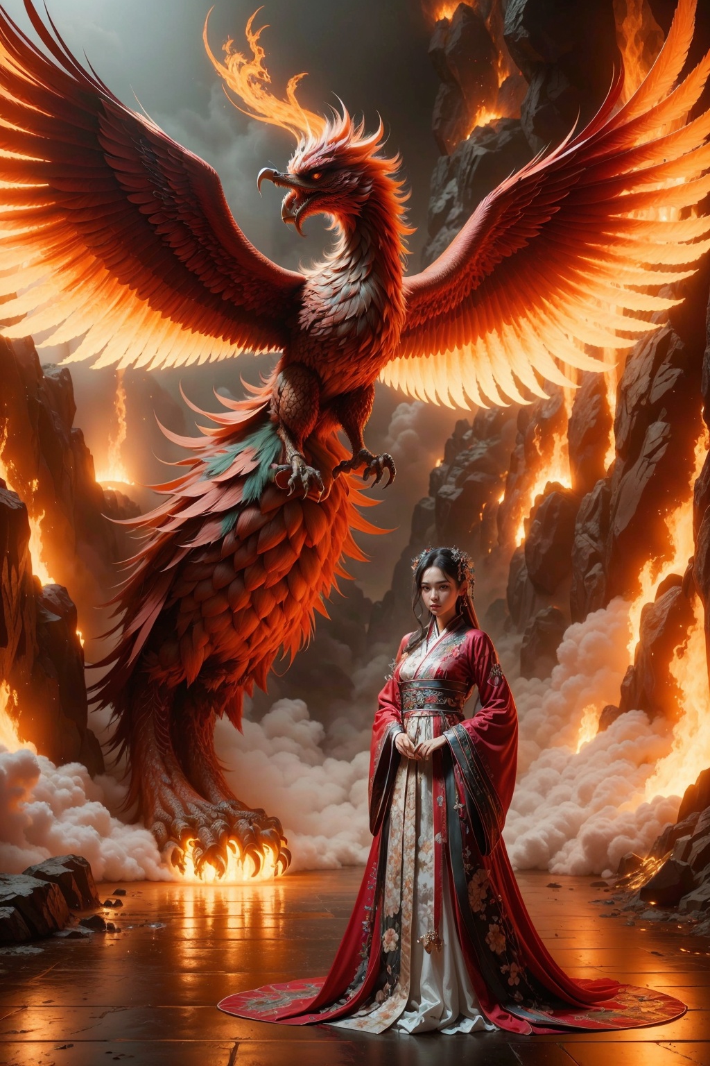 (Masterpiece), (Best Quality), (Super Detailed), 1 girl standing in front of the phoenix, solo. Dress, Chinese clothing, blooming valley, phoenix, flames emanating from the phoenix's body. In the sky, clouds float like marshmallows. High quality fantasy art, surrounded by blooming flowers. Contrast, extraordinary aesthetics, the best quality, magnificent artworks, (illustrations), extremely exquisite and beautiful, Tindell effect, Greg Rutkowski and Midtravel's ultra fine, complex, and realistic paintings. Popular digital art masterpieces on DeviantArt and Artstation.