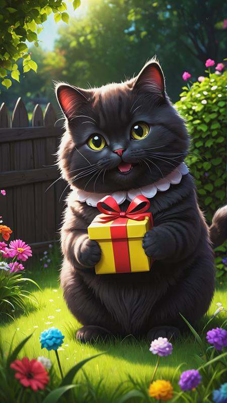 a fat cute cat,  holding gift in hands,  candys on Tensor.Art