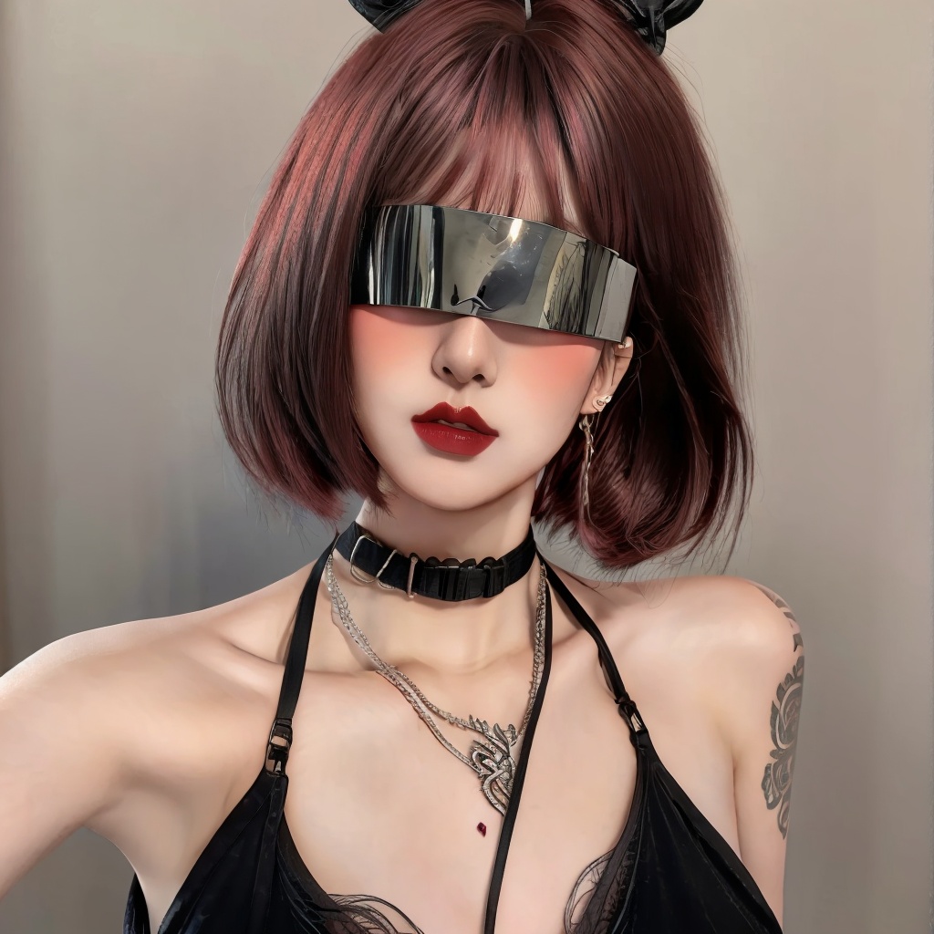 1girl,fair_skin,glamor,slender face,multicolored hair,makeup,fundoshi,eyeshadow,lipstick,light_blush,tattoo,ear_ornament,blindfold,(large breasts),bare shoulders,((halter dress)),<lora:giao-000010:0.8>,<lora:FF_Girl丨多风格lora_v1.0:0.6>,