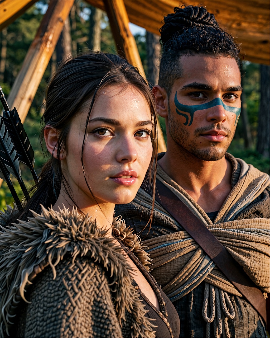 A cinematic close-up portrait featuring two distinct human characters under warm,  golden-hour lighting filtering through...