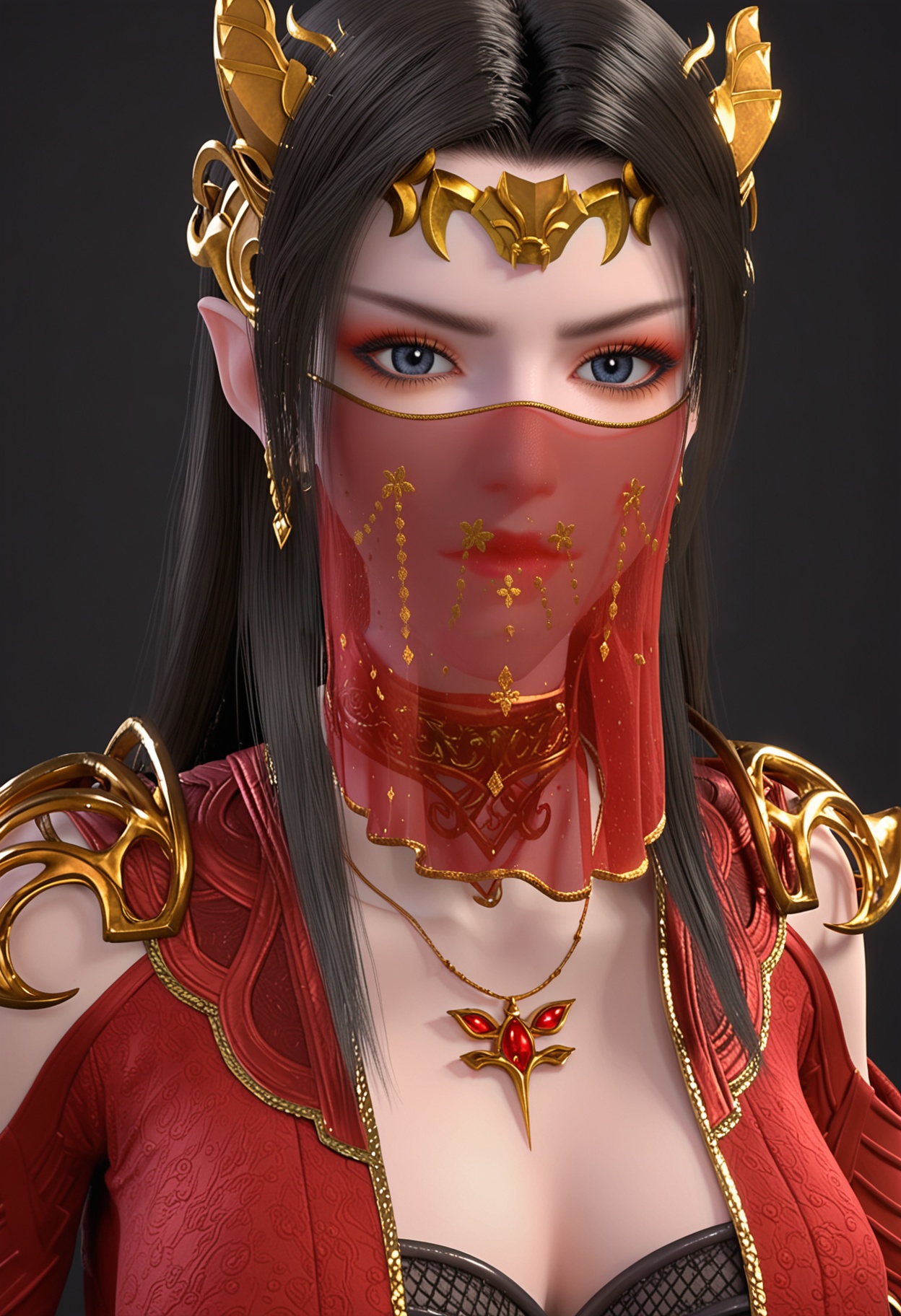 (looking_at_viewer:1.2),(upper_body:1.2),<lora:YQ_pony_meidusha_V7:0.8>,solo,1girl,q1528437228,long hair,black hair,jewelry,hair ornament,earrings,dress,red dress,necklace,blue eyes,collar,metal collar,brown hair,high heels,red footwear,circlet,armor,red jacket,cleavage,veil,mouth veil,(simple background,pure black background,black background:1.1),perfect_anatomy,
