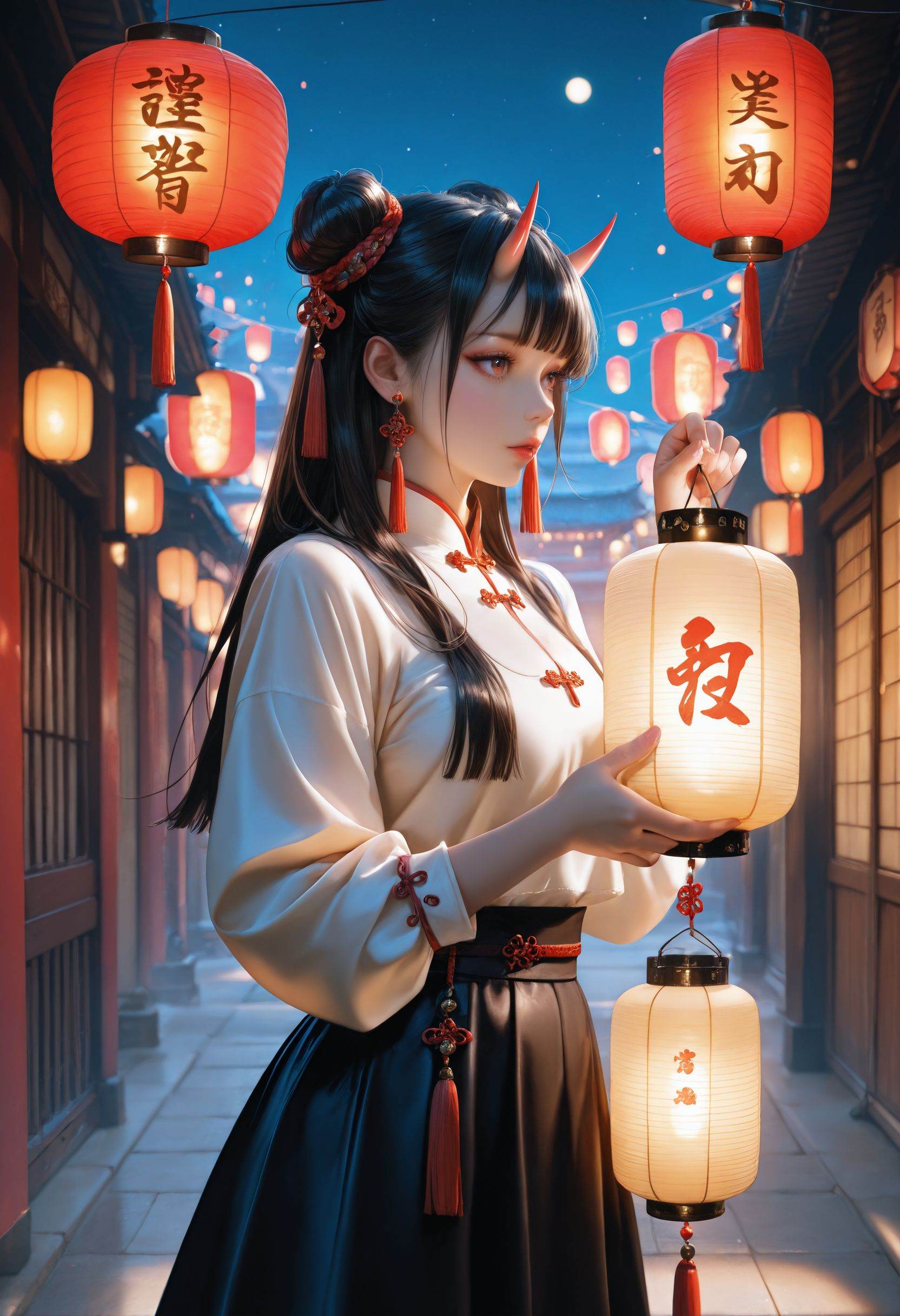 masterpiece,best quality,very aesthetic,intricate detail,sharp focus,absurdres,high resolution,newest,realistic,photorealistic,1girl,solo,long hair,oni horns,black hair,hair bun,double bun,eyelashes,looking at lantern,holding lantern,shirt,skirt,long sleeves,ribbon,white shirt,short sleeves,black skirt,puffy short sleeves,chinese clothes,jewelry,tassel,earrings,tassel earrings,tassel hair ornament,lantern,paper lantern,glowing,night sky,