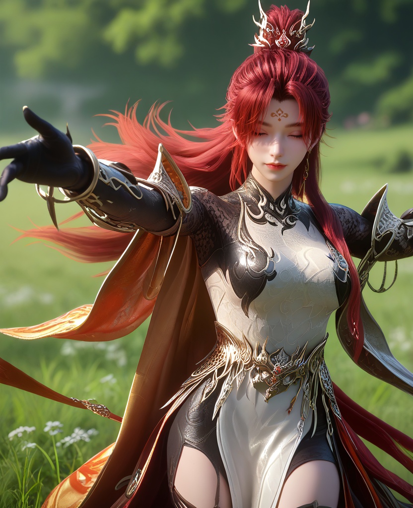 (She lies on her back on the grass, with her arms outstretched and eyes closed.:1.1),looking at viewer,(large breasts:1.2),<lora:XL16云深不知梦炽阳华明:0.95>,miss chiyanhuaming,beige panel dress,forehead mark,grey eyes,red hair,half-up high ponytail with long cascading hair,long hair,hair ornament,earrings,jewelry,armguards,sash,orange cape,black gloves,high-heeled thigh boots,, score_9,score_8_up,score_7_up,score_6_up,score_5_up,score_4_up,3d rendering,tag1,tag2, Cinematic Lighting,backlighting,