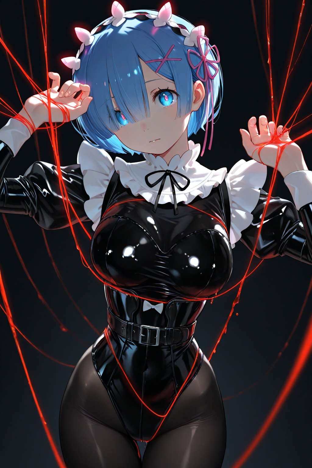 masterpiece,best quality,amazing quality,very aesthetic,absurdres,newest,rem_\(re:zero\),1girl,solo,breasts,looking_at_viewer,short_hair,bangs,blue_eyes,hair_ornament,long_sleeves,bow,ribbon,holding,jewelry,medium_breasts,blue_hair,hair_ribbon,cowboy_shot,alternate_costume,belt,hair_over_one_eye,head_tilt,maid,hands_up,maid_headdress,blood,glowing,thigh_gap,x_hair_ornament,black_background,glowing_eyes,dark,string,latex,string_of_fate,glowing_horns,black pantyhose,