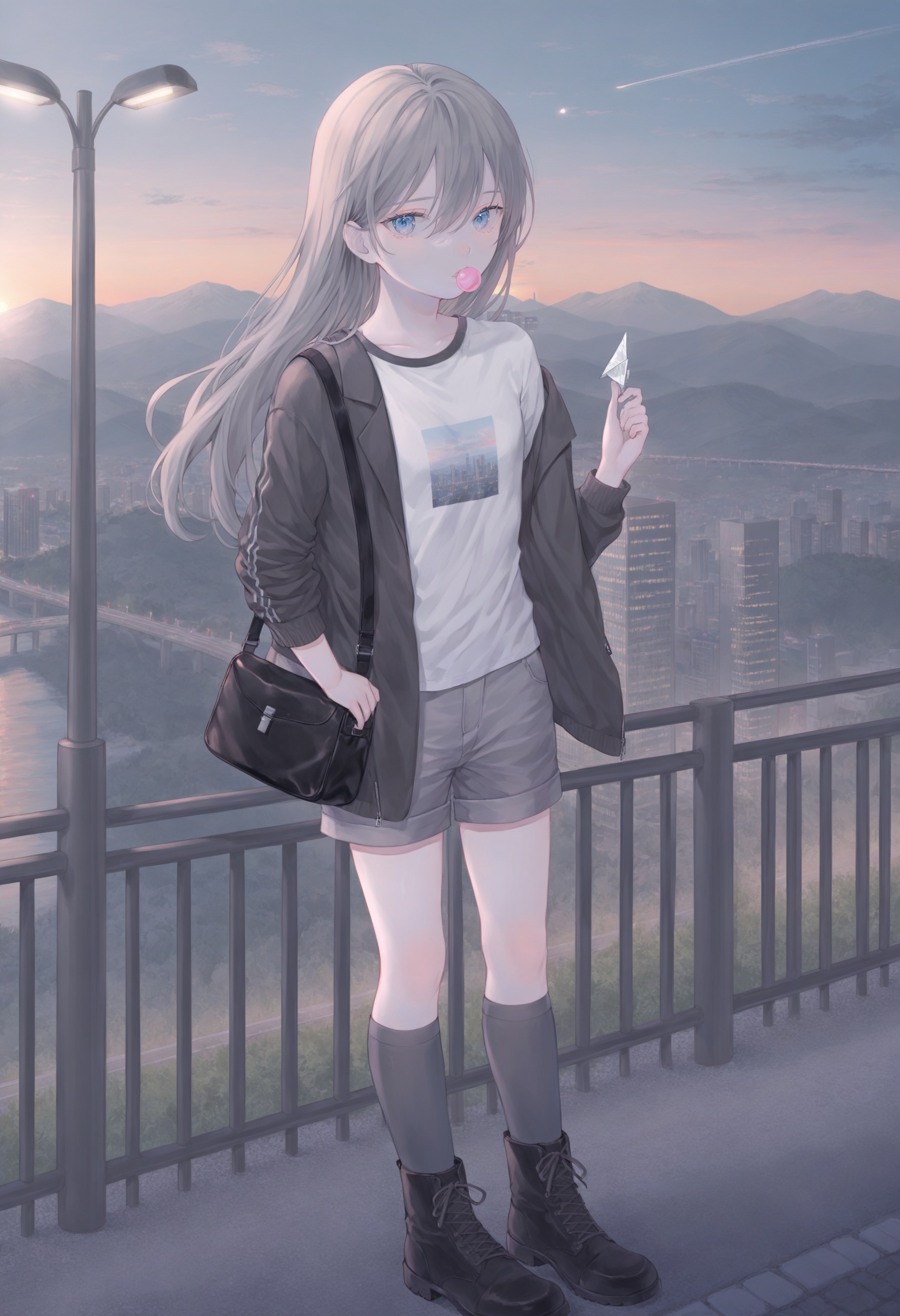 best quality, masterpiece,1girl, souryuu asuka langley, solo, blue eyes, long hair, spot color, looking at viewer, shorts, shirt, jacket, chewing gum, monochrome, bangs, hair between eyes, bubble blowing, t-shirt, short sleeves, off shoulder, greyscale, open clothes, open jacket ,solo, outdoors, bag, coat, standing, scenery, boots, sunset, mountain, pants, long sleeves, railing, male focus, bridge, shoes, looking at viewer, shoulder bag, solo, sky, cloud, scenery, outdoors, city, standing, building, cloudy sky, cityscape, lens flare, blue sky, wide shot, kneehighs, paper airplane, school uniform, long sleeves, traffic light, sunset, skyscraper, shoes, lamppost  <lora:poireXLlokr4f-000287:0.7>