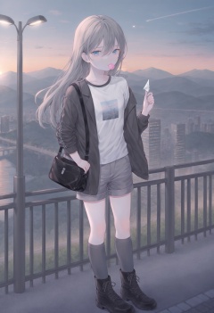best quality, masterpiece,1girl, souryuu asuka langley, solo, blue eyes, long hair, spot color, looking at viewer, shorts, shirt, jacket, chewing gum, monochrome, bangs, hair between eyes, bubble blowing, t-shirt, short sleeves, off shoulder, greyscale, open clothes, open jacket ,solo, outdoors, bag, coat, standing, scenery, boots, sunset, mountain, pants, long sleeves, railing, male focus, bridge, shoes, looking at viewer, shoulder bag, solo, sky, cloud, scenery, outdoors, city, standing, building, cloudy sky, cityscape, lens flare, blue sky, wide shot, kneehighs, paper airplane, school uniform, long sleeves, traffic light, sunset, skyscraper, shoes, lamppost  <lora:poireXLlokr4f-000287:0.7>