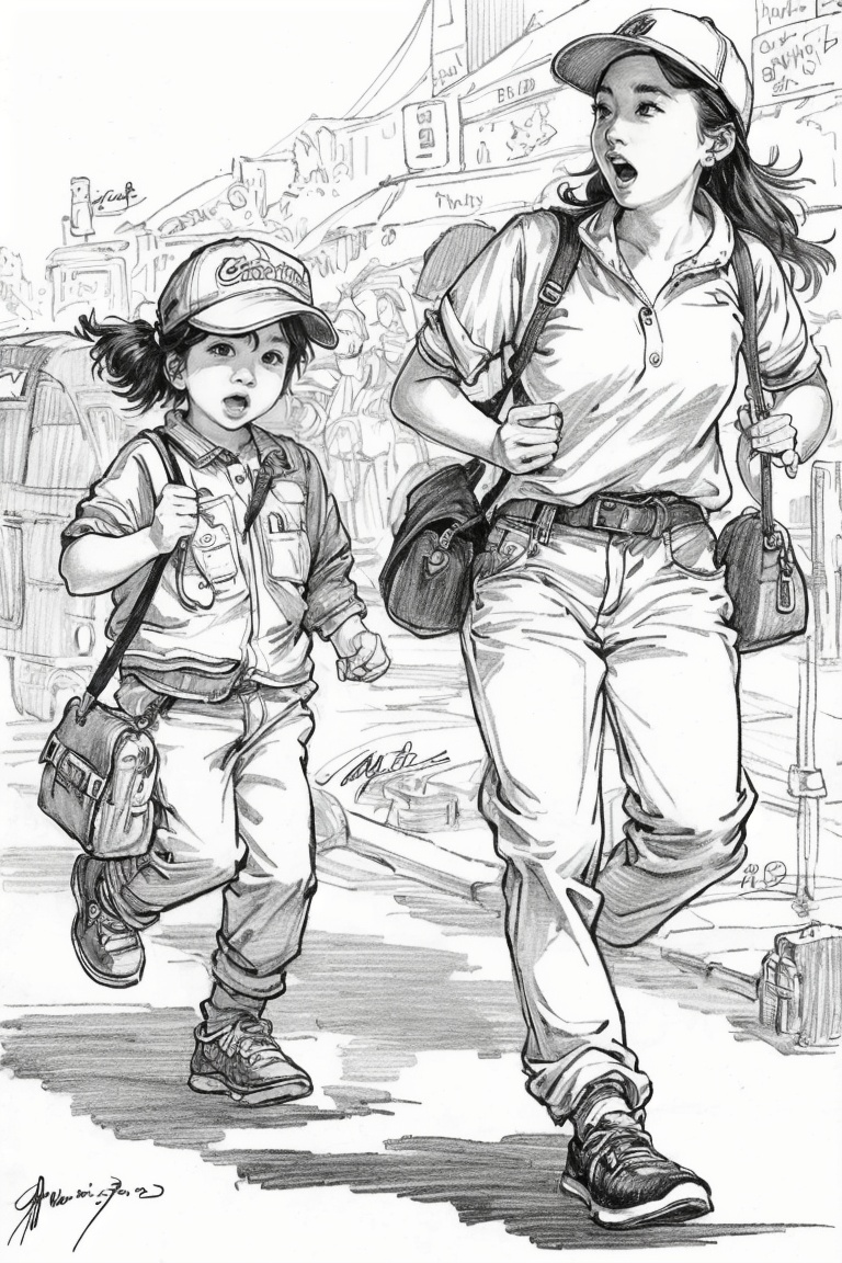 ((HRD, HUD, 8K)),((masterpiece, best quality)), highly detailed, soft light,Sketching - MultipleCharacters, monochrome, greyscale, multiple girls, hat, 2girls, 1boy, baseball cap, bag, child, belt, signature, watch, shoes, ground vehicle, dated, open mouth, carrying, running, pants, <lora:20240412-1712917031577:0.8>
