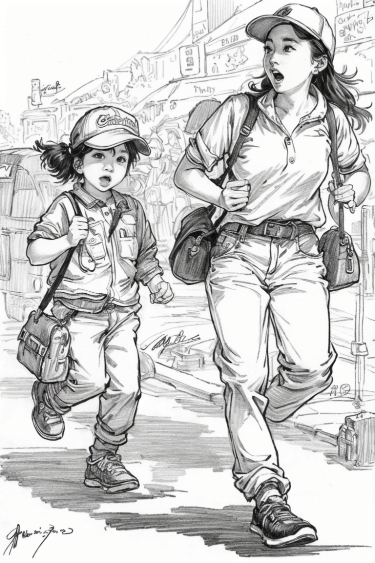 ((HRD, HUD, 8K)),((masterpiece, best quality)), highly detailed, soft light,Sketching - MultipleCharacters, monochrome, greyscale, multiple girls, hat, 2girls, 1boy, baseball cap, bag, child, belt, signature, watch, shoes, ground vehicle, dated, open mouth, carrying, running, pants, <lora:20240412-1712917031577:0.8>