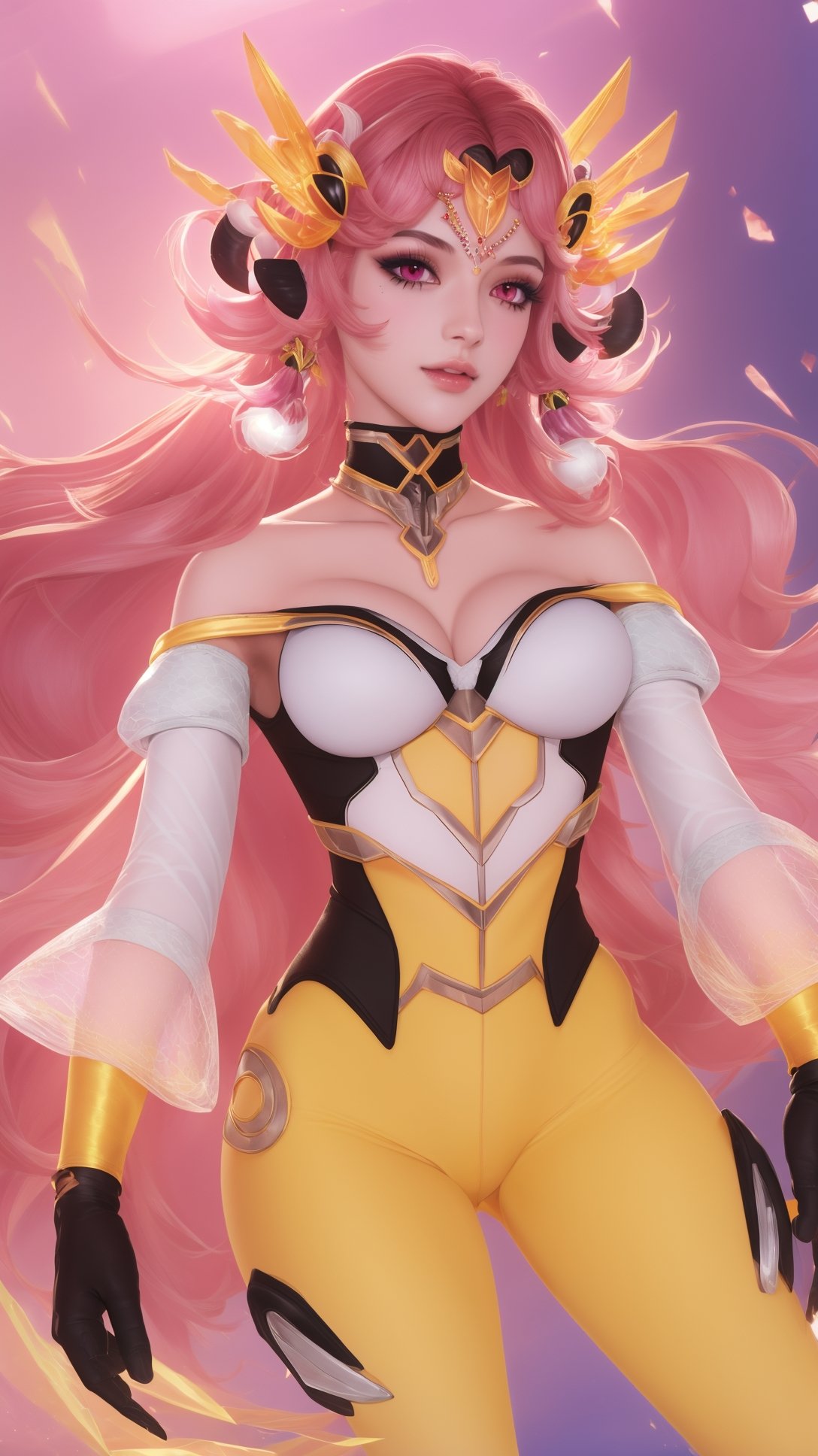 (1girl),smooth chin,masterpiece,detailed face,((hair ornament:1.6)),top quality,4k,make up,best quality,(detached sleeves),(medium breasts),blush,body blush,<lora:王者虞姬无限倾慕_v1.0:0.9>,(full body,long legs),black gloves,full bvody highleg leotard,yellow pants,white see-through sleeves,white mixed black edge clothes,(white bra),pink eyes,bare shoulders,headgear,