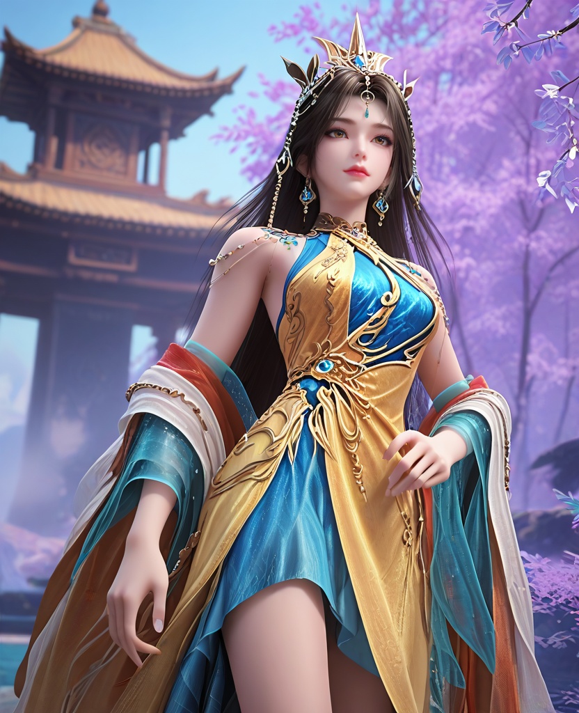 (oriental architecture, elegant decor, sophisticated style:1.1),Looking down, hands on the hips,,(breasts:1.2),<lora:XL16完美世界梦回仙古凰女:0.95>,miss huangnu,solo,yellow dress,blue chemise,brown eyes,black hair,very long hair,hair ornament,earrings,jewelry,silk shawl sleeves,forehead pendan,tiara,white socks,, zPDXL2, score_9, score_8_up, score_7_up BREAK realistic, masterpiece,best quality, highly detailed,, zPDXL3, zPDXL2,zPDXL, zPDXLxxx, zPDXLrl,
