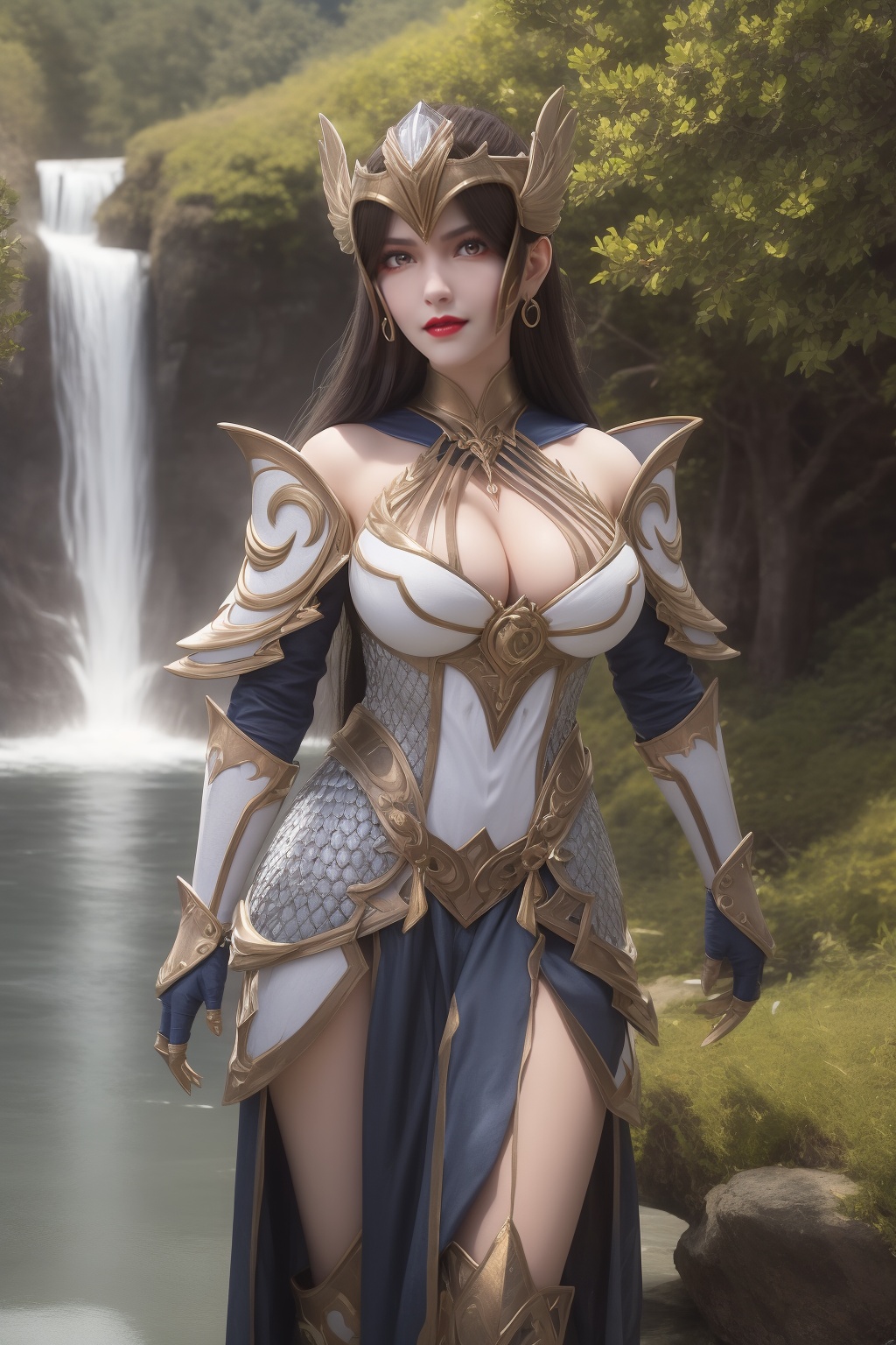 ultra realistic 8k cg,flawless,clean,masterpiece,professional artwork,famous artwork,perfect face,beautiful face,best quality,full_shot,absurdres,shenfengNvWuShen,1girl,solo,armor,armor dress,breastplate,detached collar,standing,gauntlets,pauldrons,cleavage,bare thigh,torogao,smile,makeup,red lips,breasts,large breasts,jewelry,earrings,hair ornament,(outdoors:1.4),water,waterfall,flower,long hair,realistic,looking at viewer,high heels,<lora:shenfengNvWuShen_20240106190728-000004:0.7>,