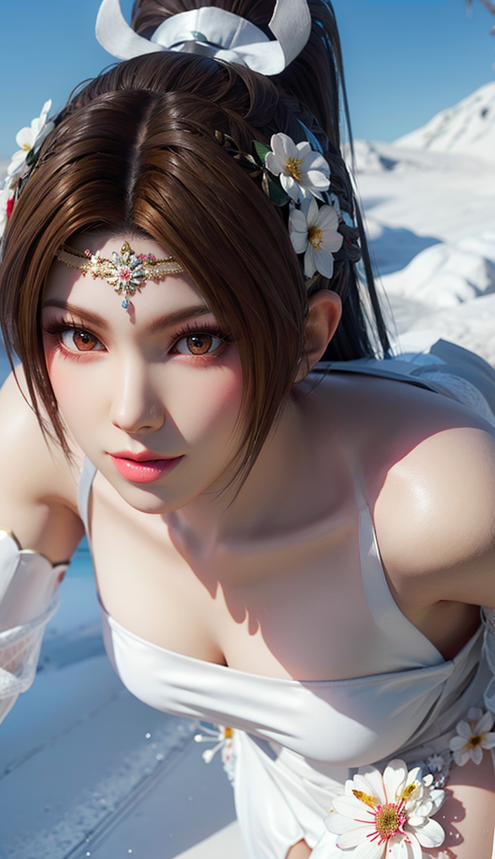 masterpiece,highres,1girl,solo,sfw,<lora:add_detail:0.3>,looking at viewer,thighhighs,((beautiful Dress+stocking):1.25),((flower headdress:1.45)),((white theme:1.5)),snow,outdoors,snowflakes,sleeveless,(3D graphics),shiranui mai,brown eyes,<lora:shiranuimai-000007:0.7>,
