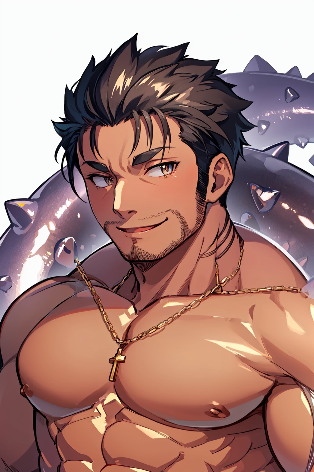 masterpiece,best quality, highly detailed, dagon (housamo),bara,1boy,muscular male,solo,mature male,stubble,large pectorals,long sideburns,fish boy,looking at viewer,upper body,beard,dark-skinned male,abs,smile<lora:dagon_(housamo):1>,simple background,white background