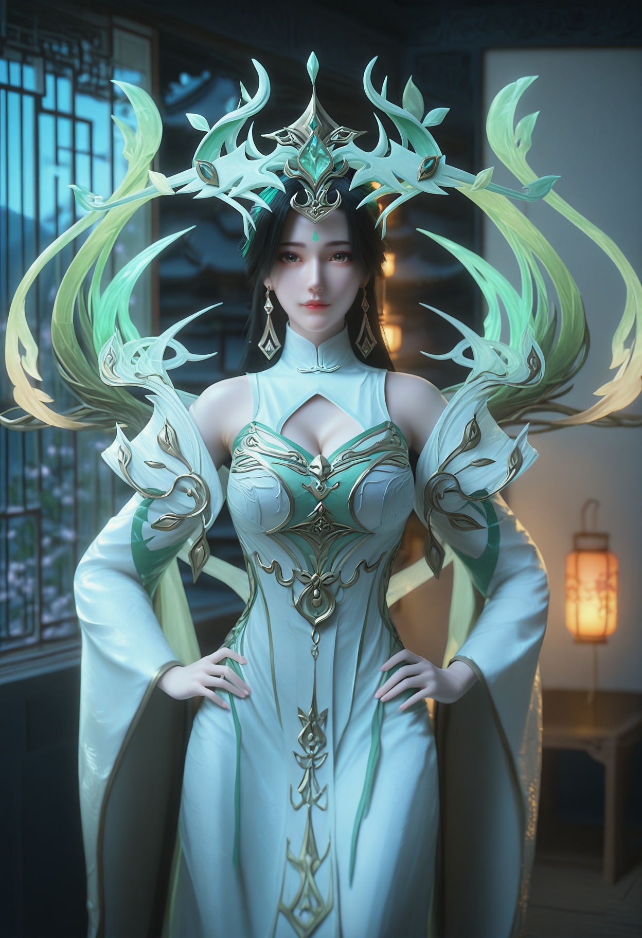 Liu_shen,1girl,long hair,black hair,hair ornament,dark background,earrings,jewelry,facial mark,forehead mark,green hair,bare shoulders,streaked hair,multicolored hair,<lora:Liu_shen_10_illu-000008:0.75>,dress,white dress,long sleeves,cleavage cutout,chinese clothes,wide sleeves,photorealistic,hyperrealistic,<lora:realistic filter [IL]:1>,looking at viewer,(pale skin:0.9),looking at viewer,standing,hands on hip,lantern,open window,looking at viewer,indoors,mountains,blossoms,flowers,east asian architecture,beautiful sunrise,warm ambient temperature,